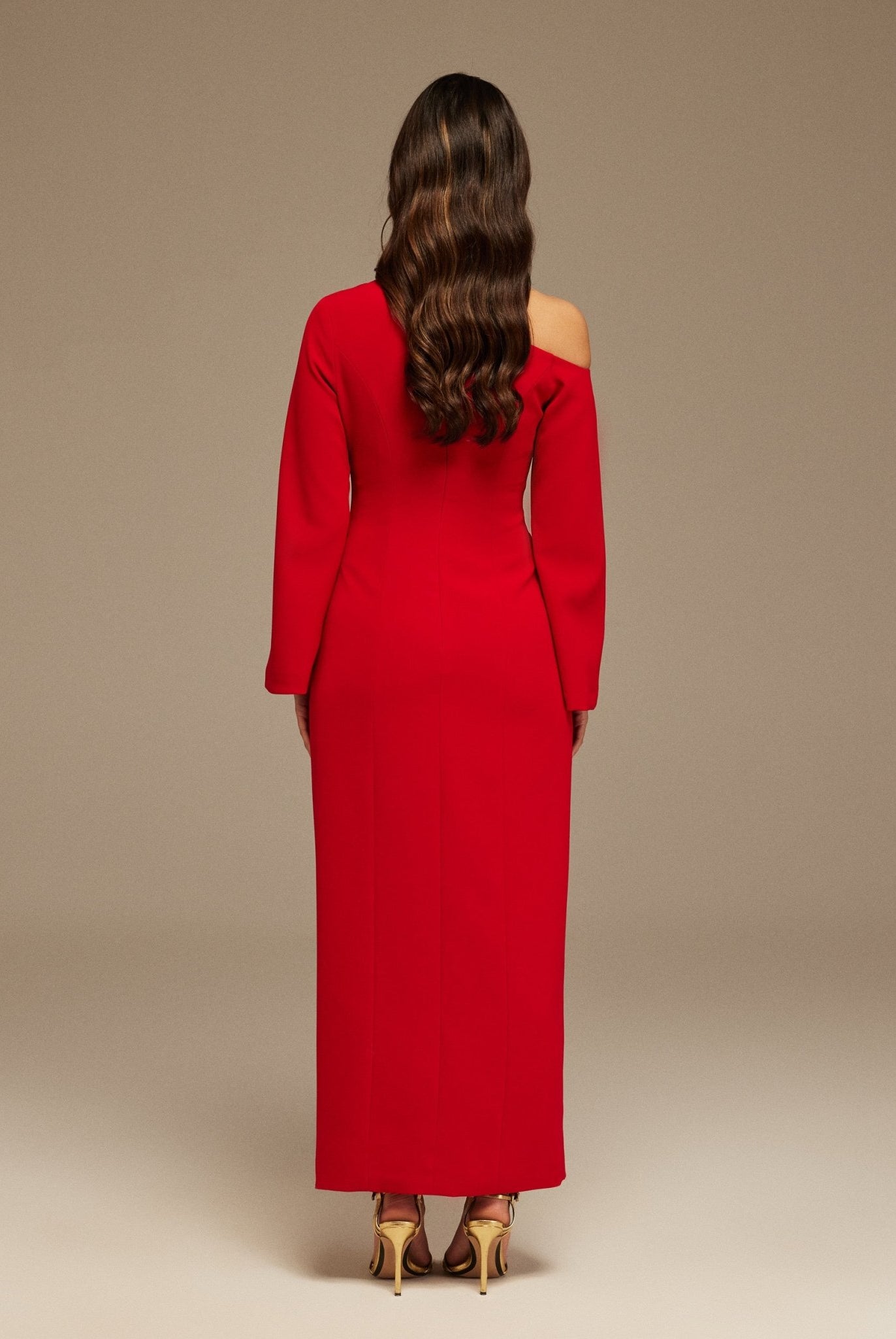 Red Open Shoulder Maxi Crepe Dress - shopaleena