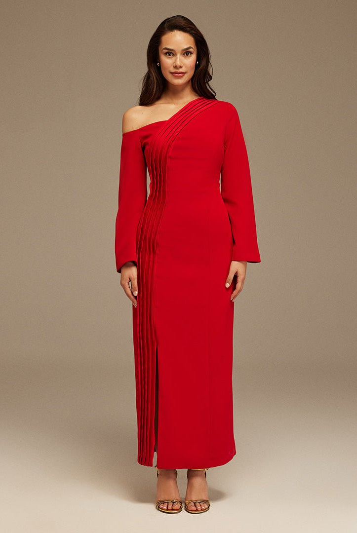 Red Open Shoulder Maxi Crepe Dress - shopaleena