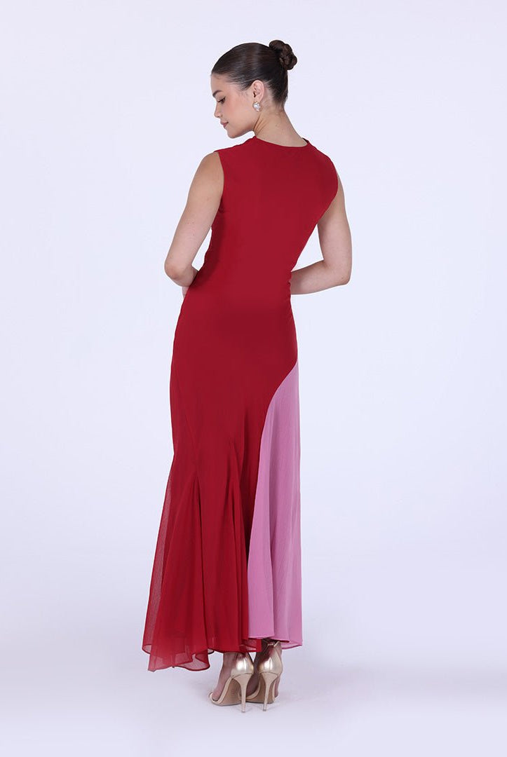 Red & Pink Two Tone High Neck Chiffon Maxi Dress - shopaleena