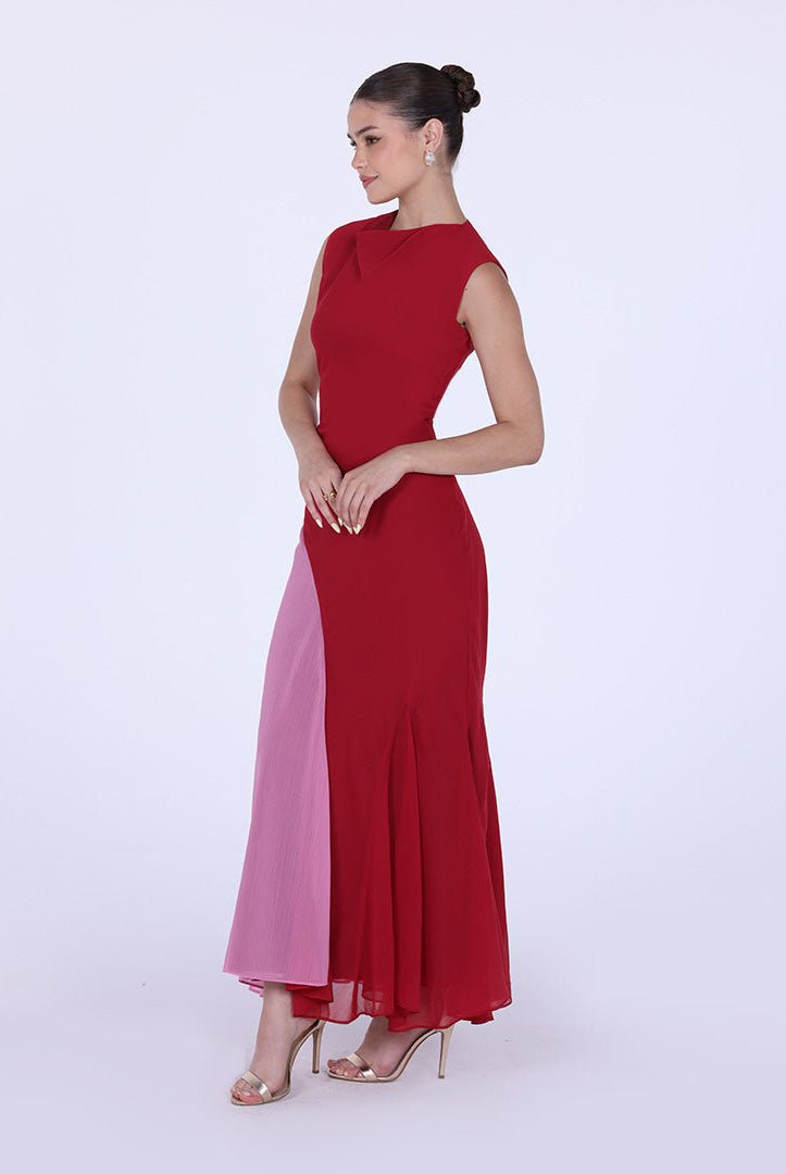 Red & Pink Two Tone High Neck Chiffon Maxi Dress - shopaleena