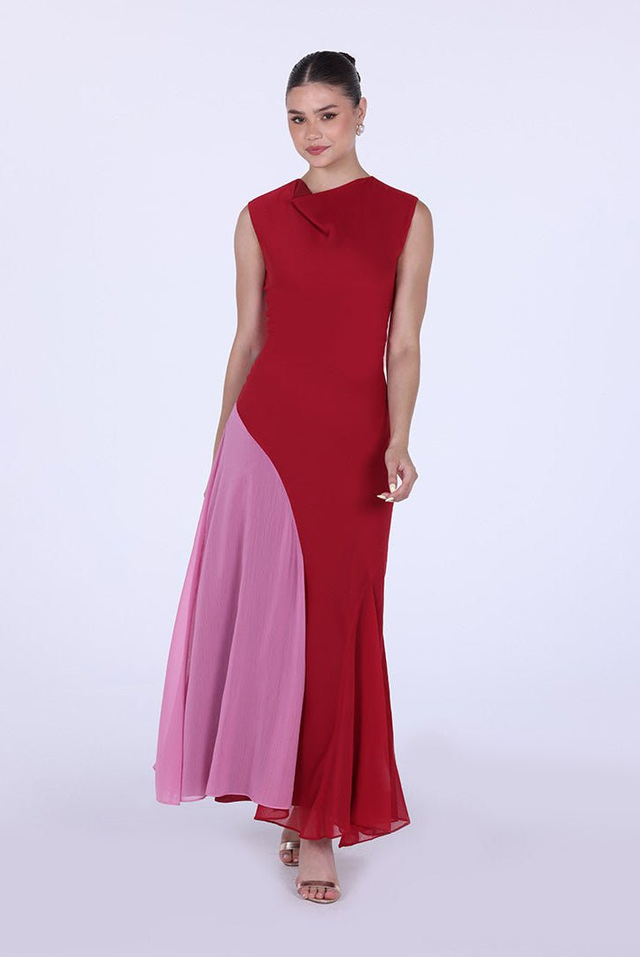 Red & Pink Two Tone High Neck Chiffon Maxi Dress - shopaleena
