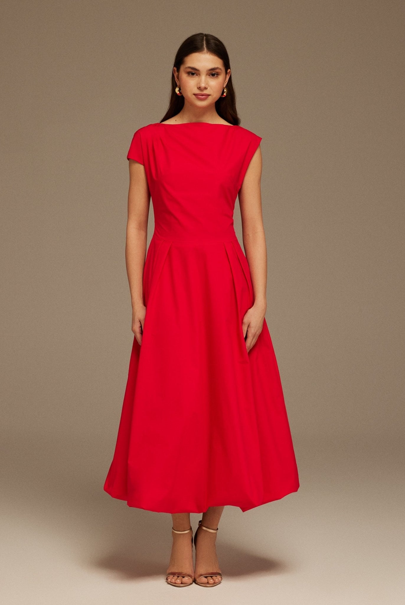 Red Short Sleeve Balloon Midi Dress - shopaleena