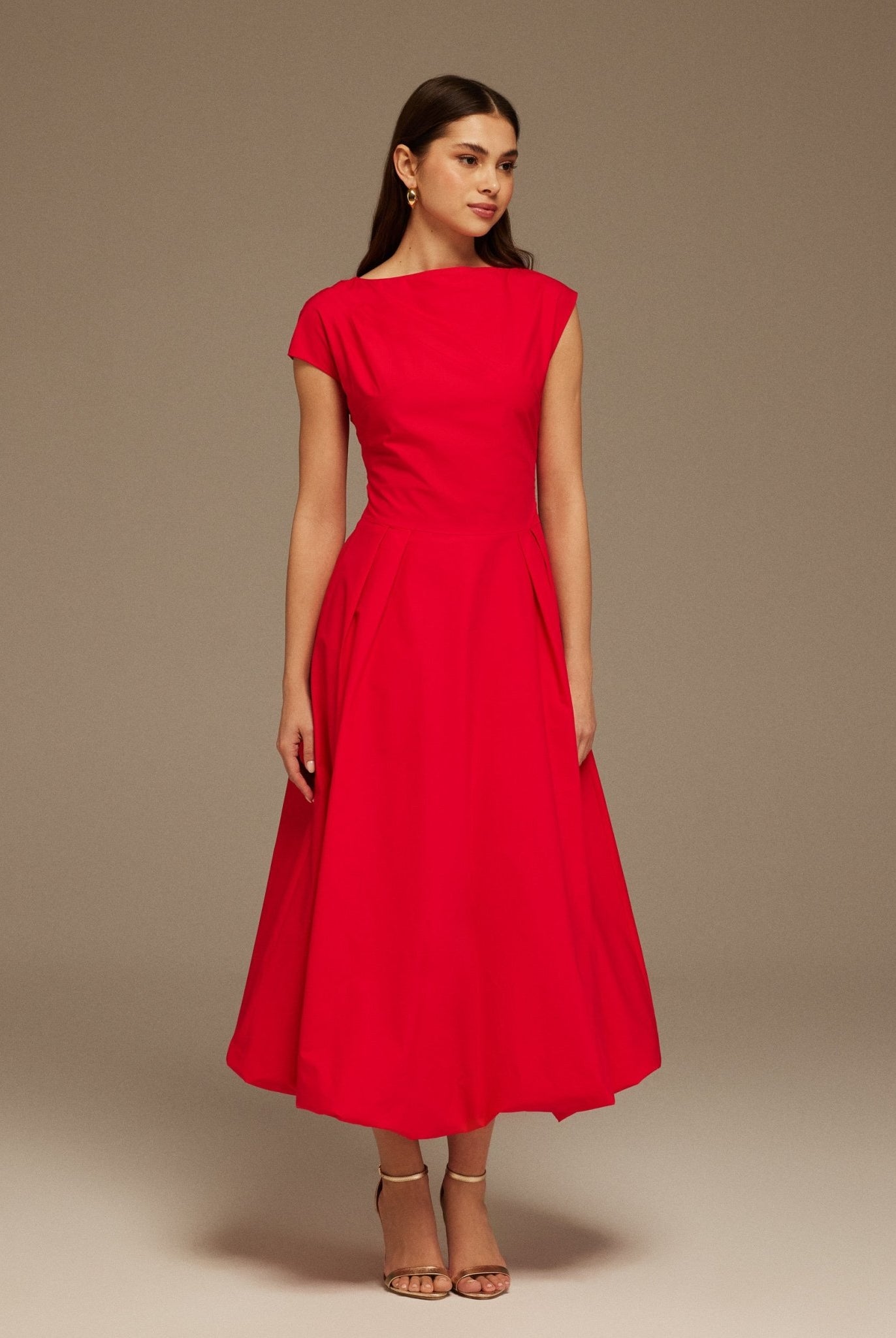 Red Short Sleeve Balloon Midi Dress - shopaleena