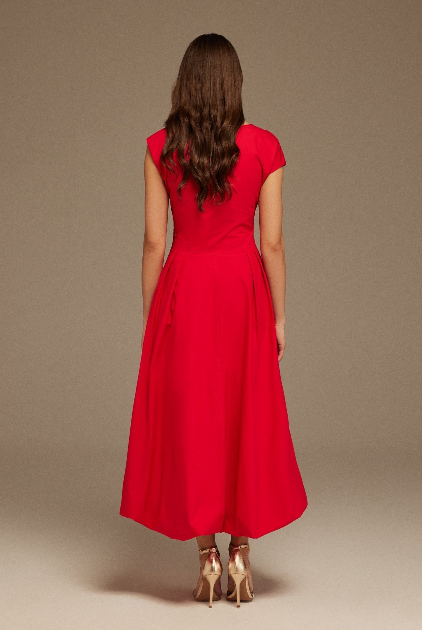 Red Short Sleeve Balloon Midi Dress - shopaleena