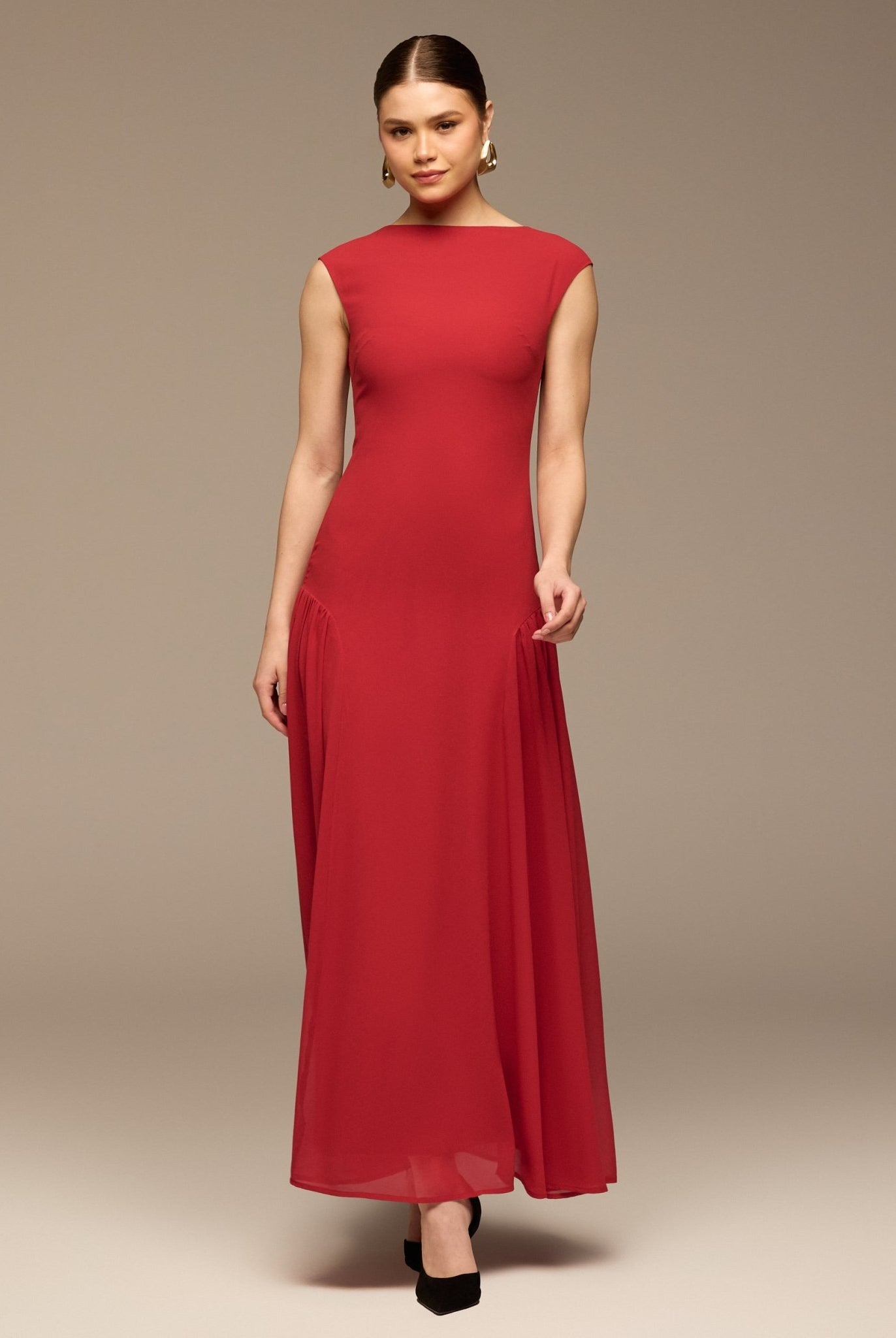 Red Sleeveless Boat Neck Chiffon Dress - shopaleena