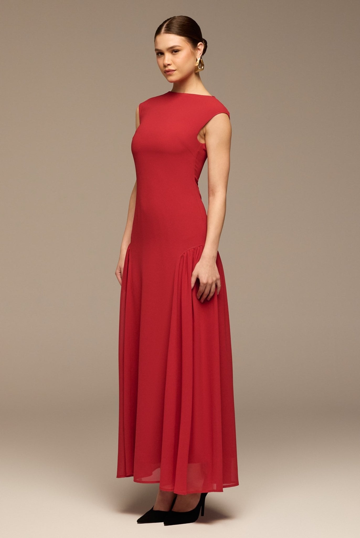 Red Sleeveless Boat Neck Chiffon Dress - shopaleena