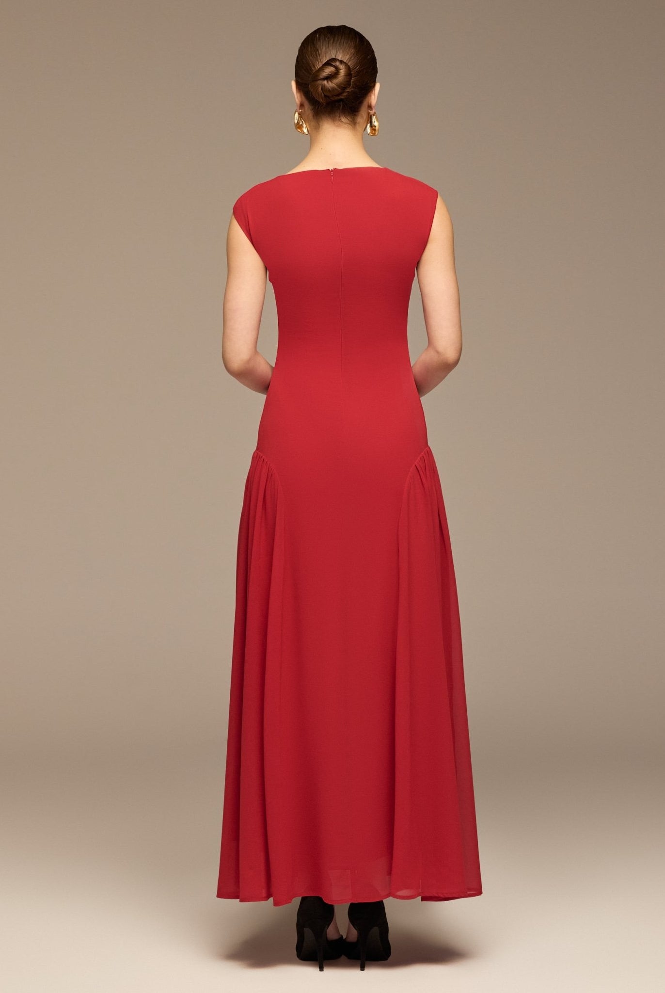 Red Sleeveless Boat Neck Chiffon Dress - shopaleena