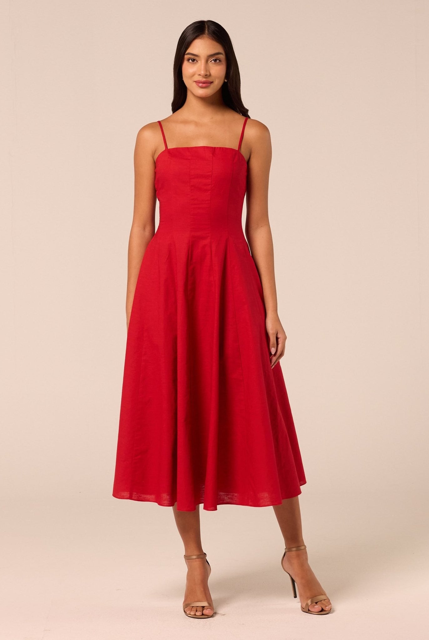 Red Spaghetti Strap A Line Midi Dress - shopaleena