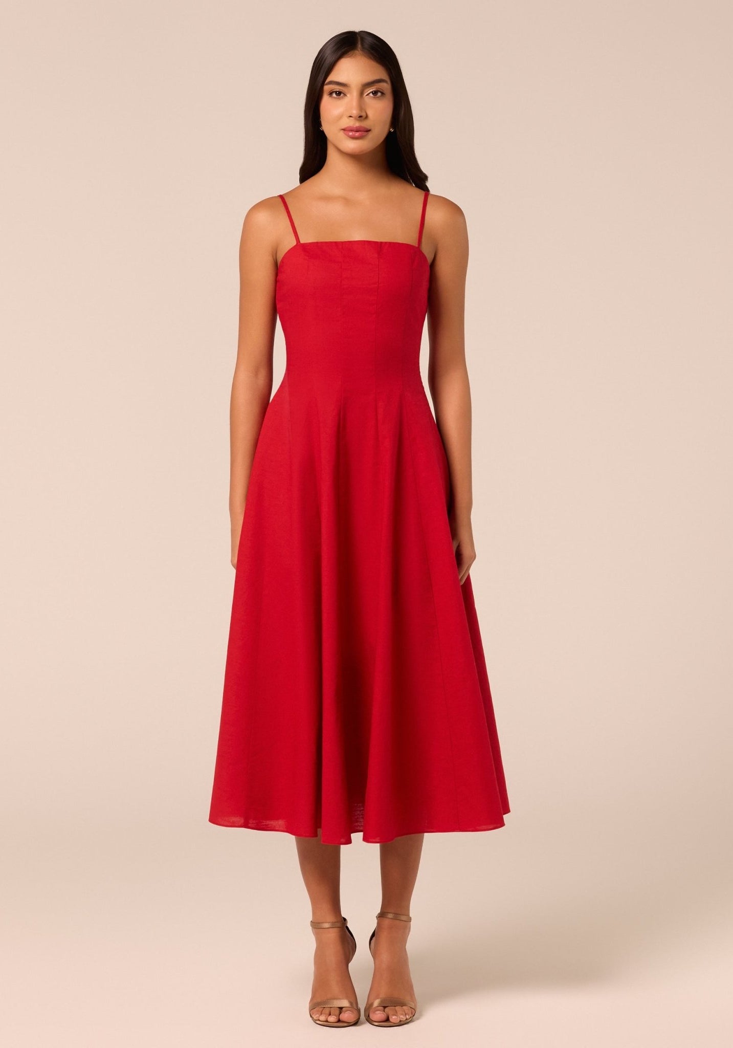 Red Spaghetti Strap A Line Midi Dress - shopaleena