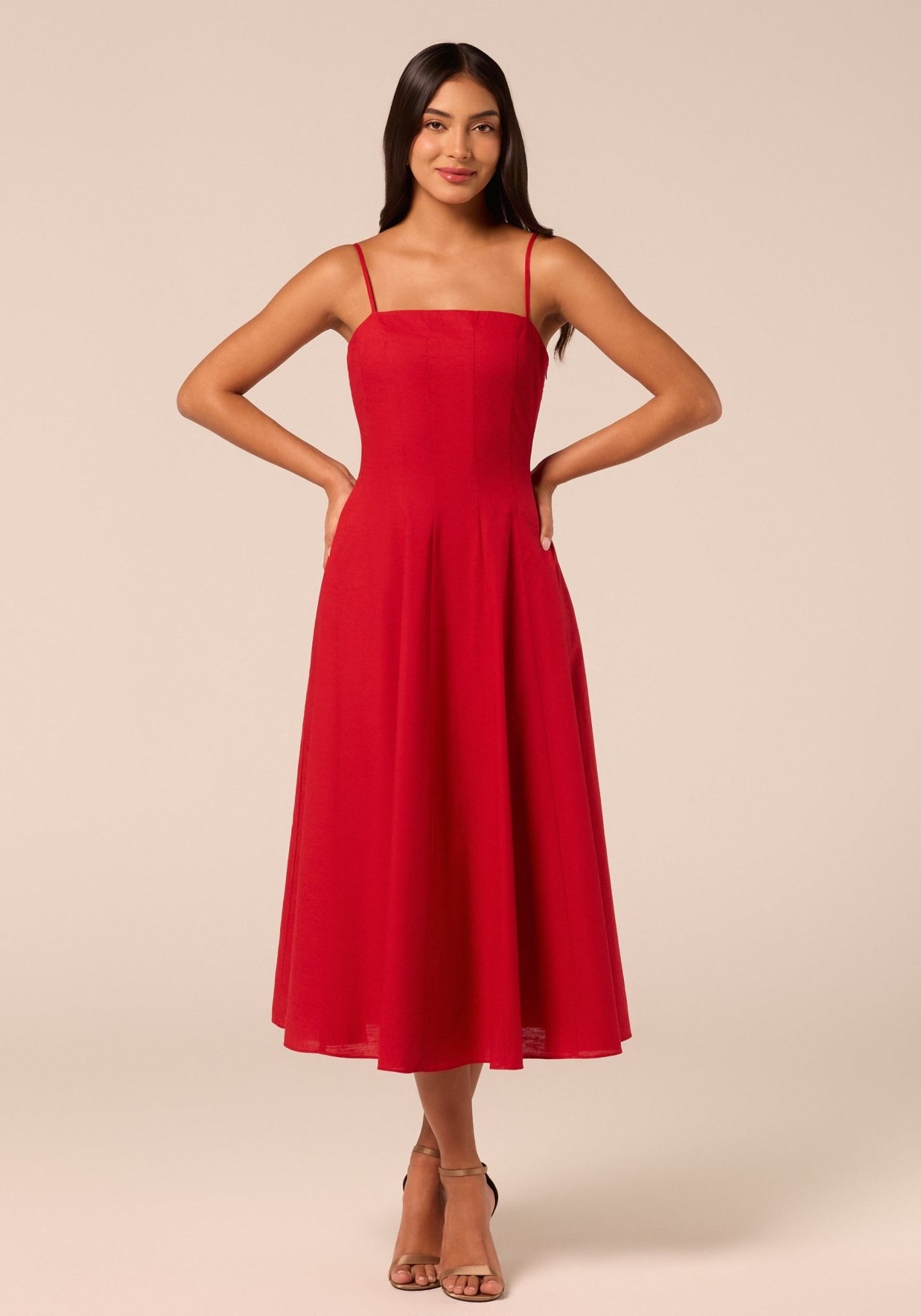 Red Spaghetti Strap A Line Midi Dress - shopaleena