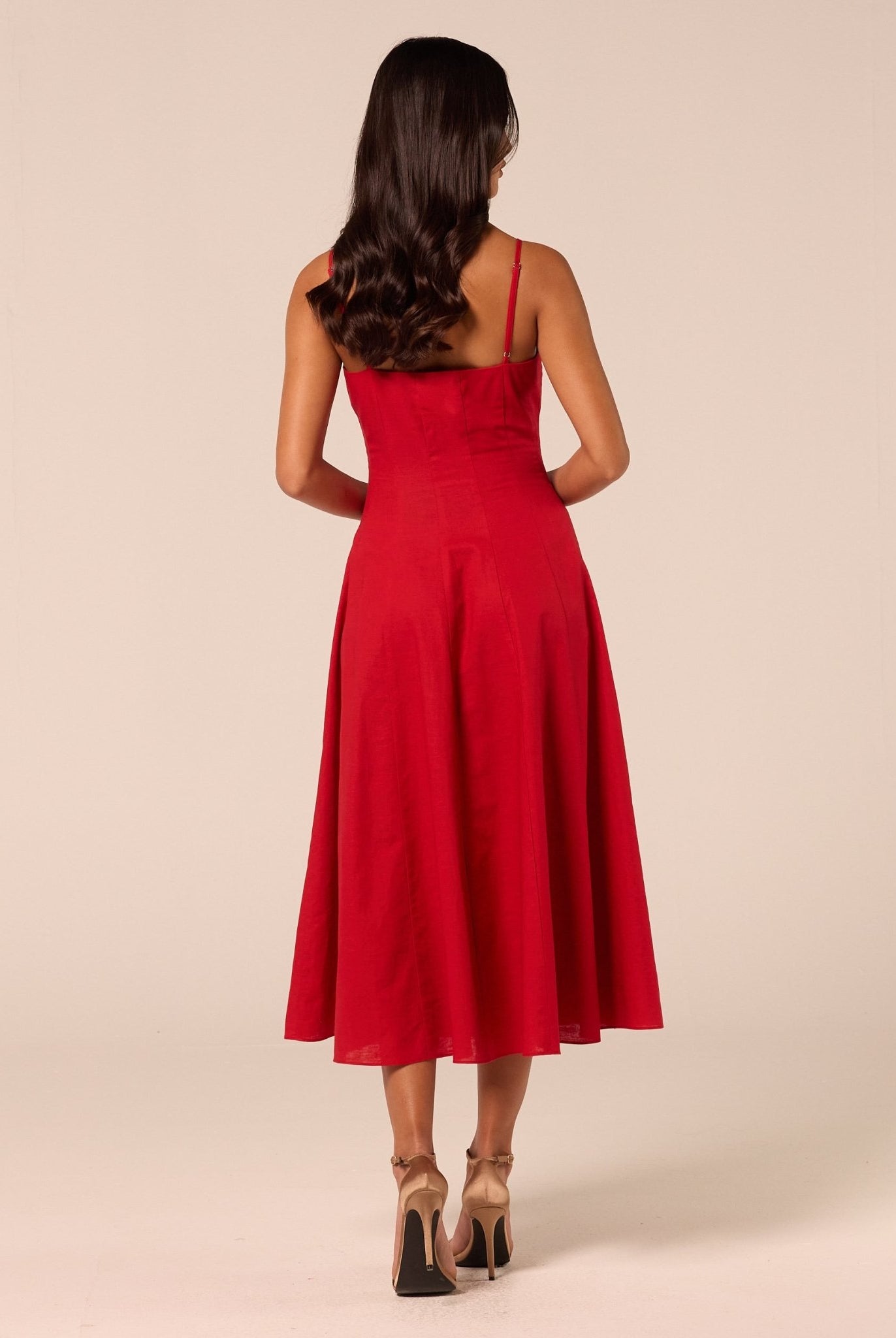 Red Spaghetti Strap A Line Midi Dress - shopaleena