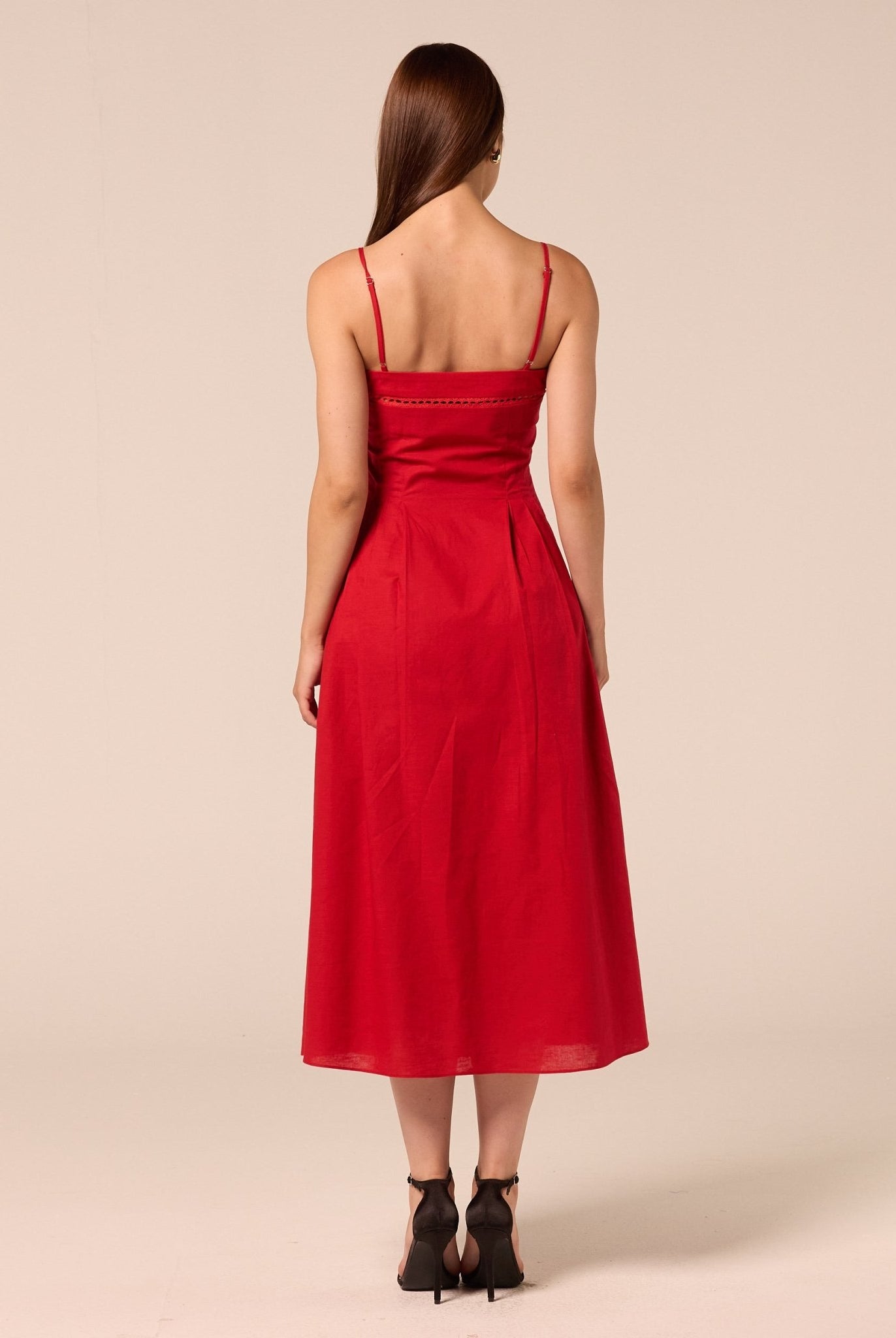 Red Spaghetti Strap Cutwork Midi Dress - shopaleena