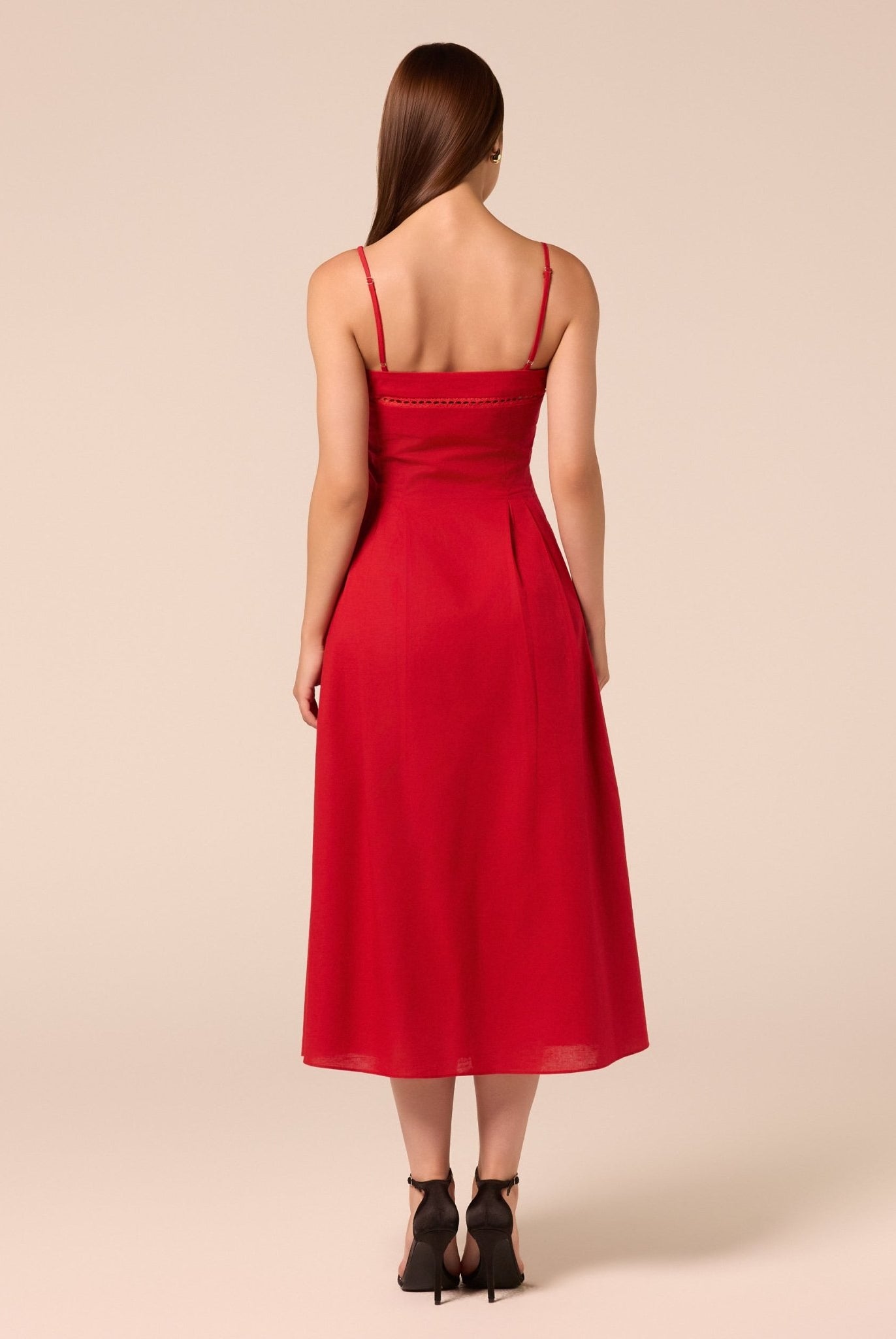 Red Spaghetti Strap Cutwork Midi Dress - shopaleena
