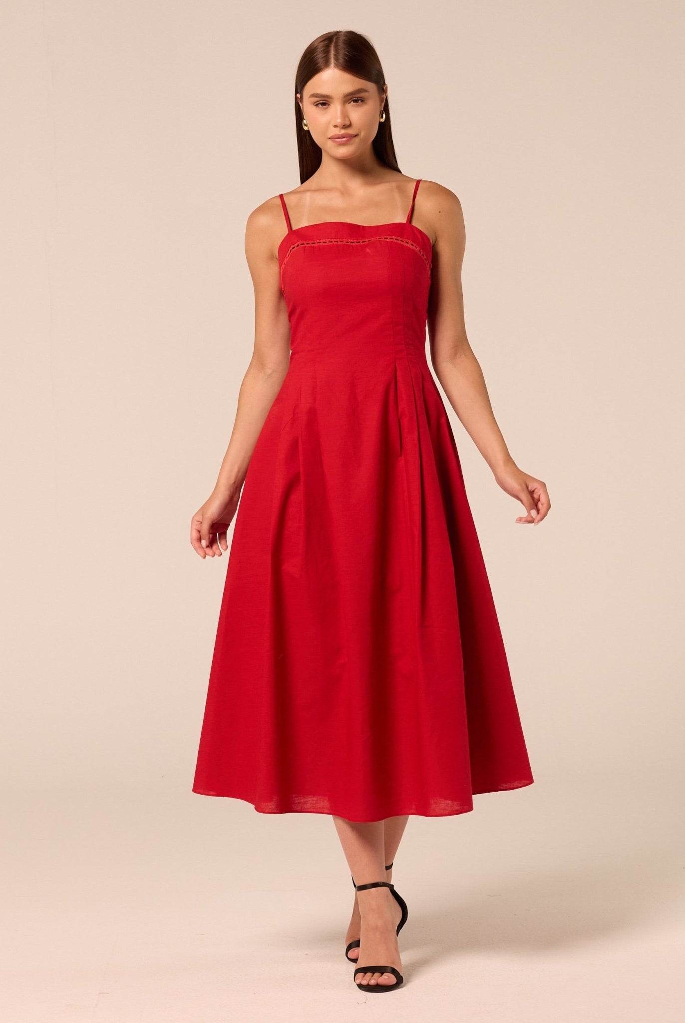 Red Spaghetti Strap Cutwork Midi Dress - shopaleena
