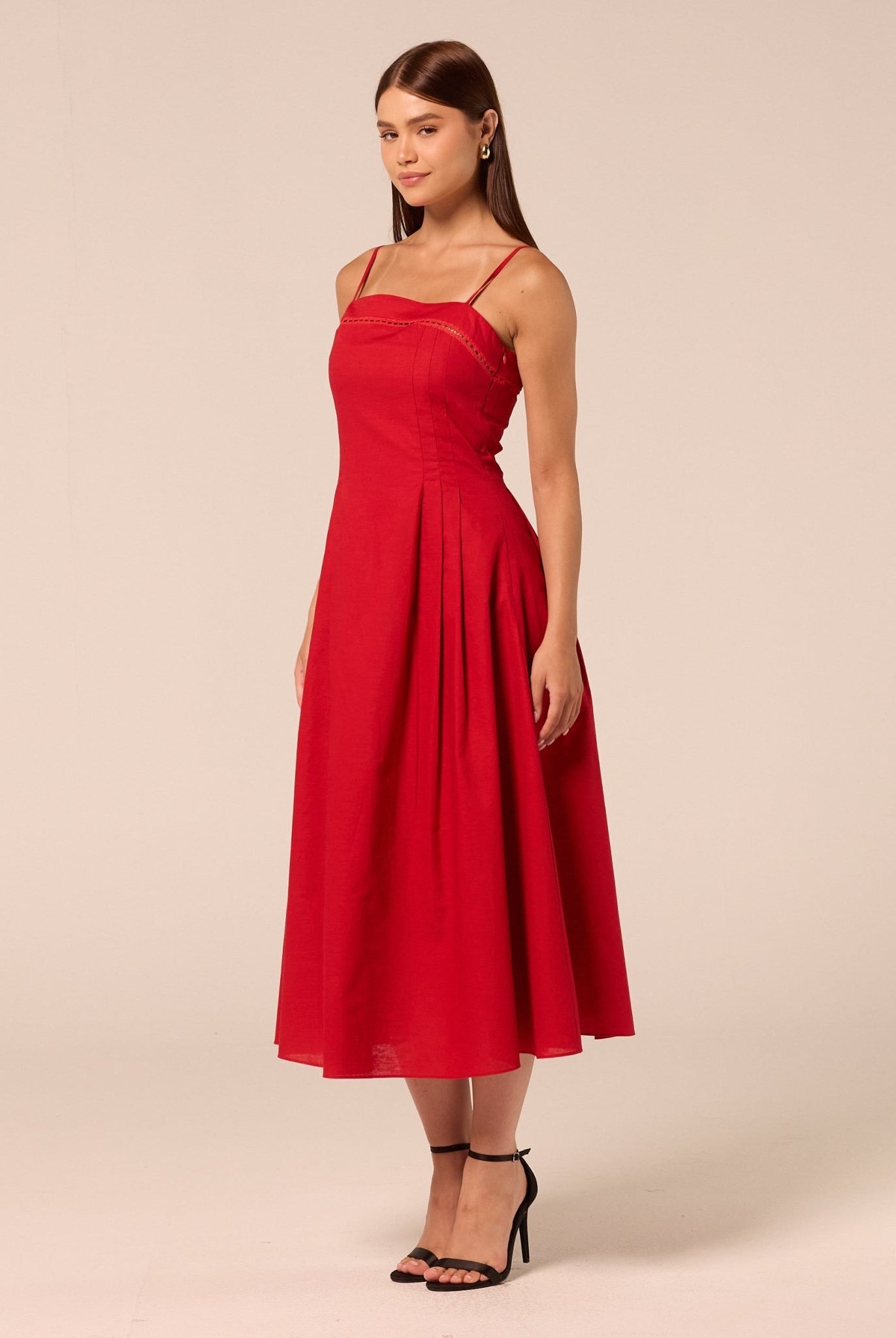 Red Spaghetti Strap Cutwork Midi Dress - shopaleena