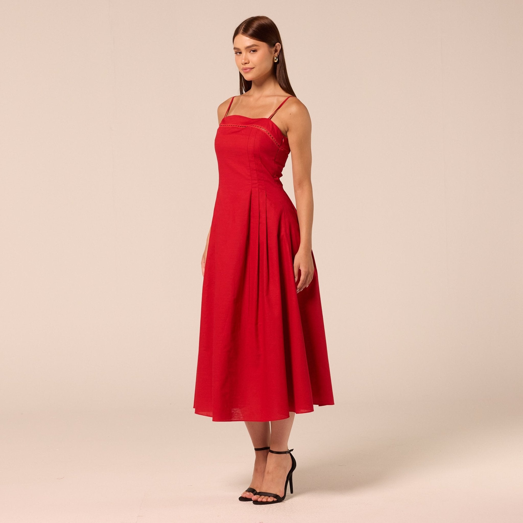 Red Spaghetti Strap Cutwork Midi Dress - shopaleena