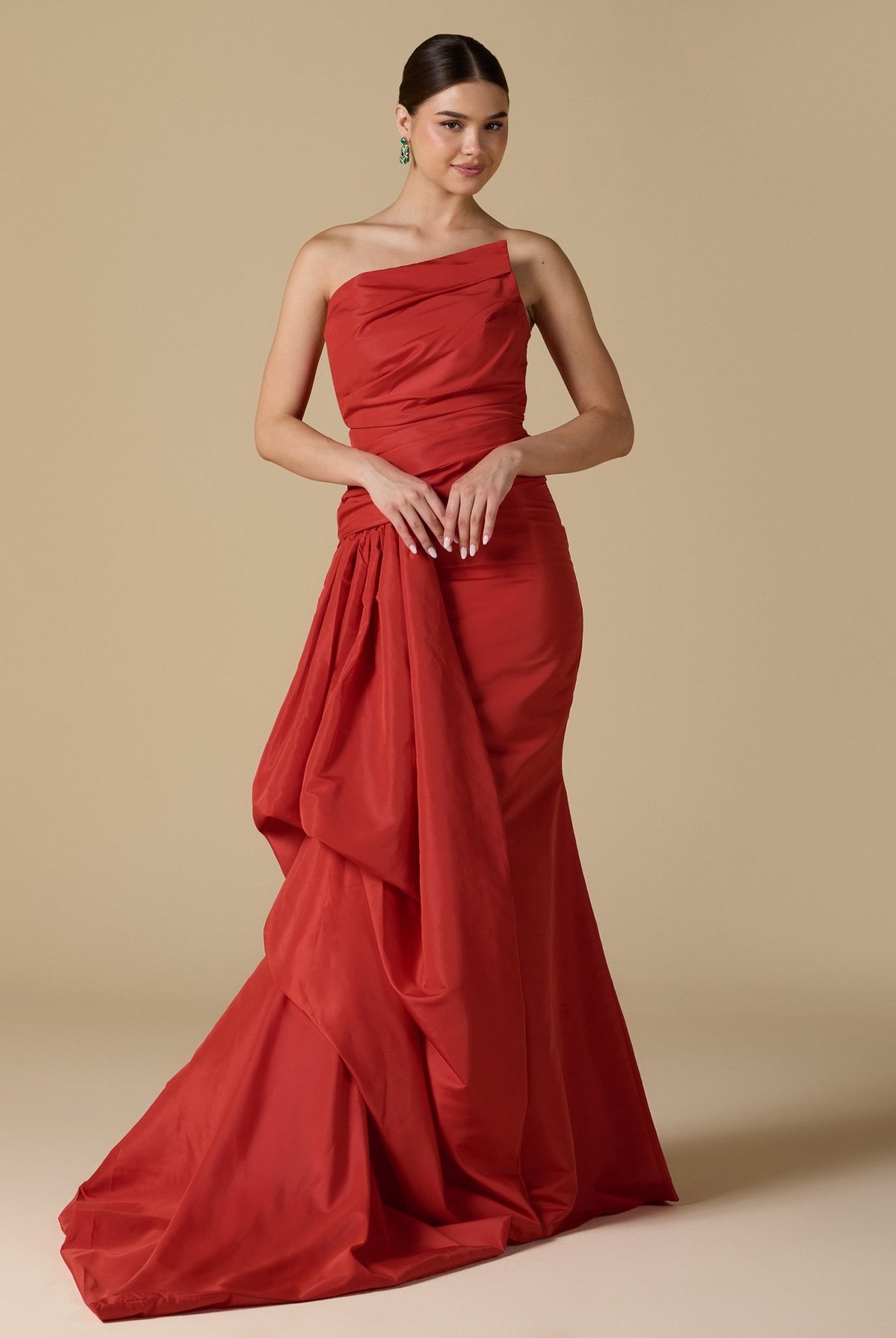 Red Taffeta Gown with Voluminous Side - shopaleena