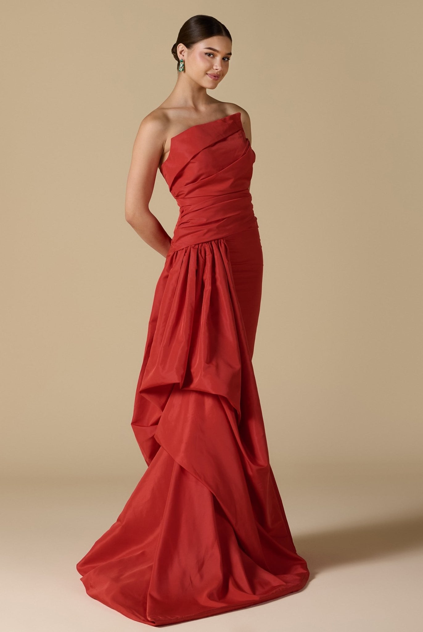 Red Taffeta Gown with Voluminous Side - shopaleena