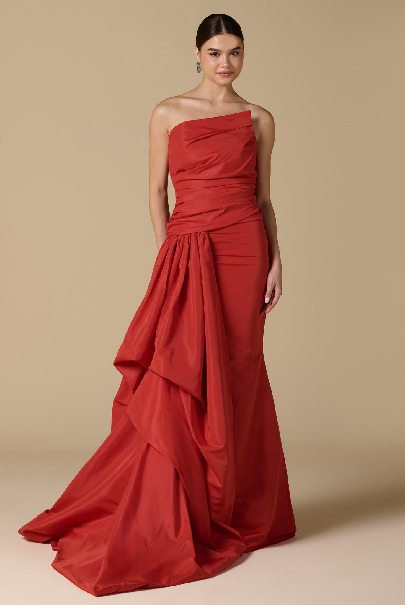 Red Taffeta Gown with Voluminous Side - shopaleena