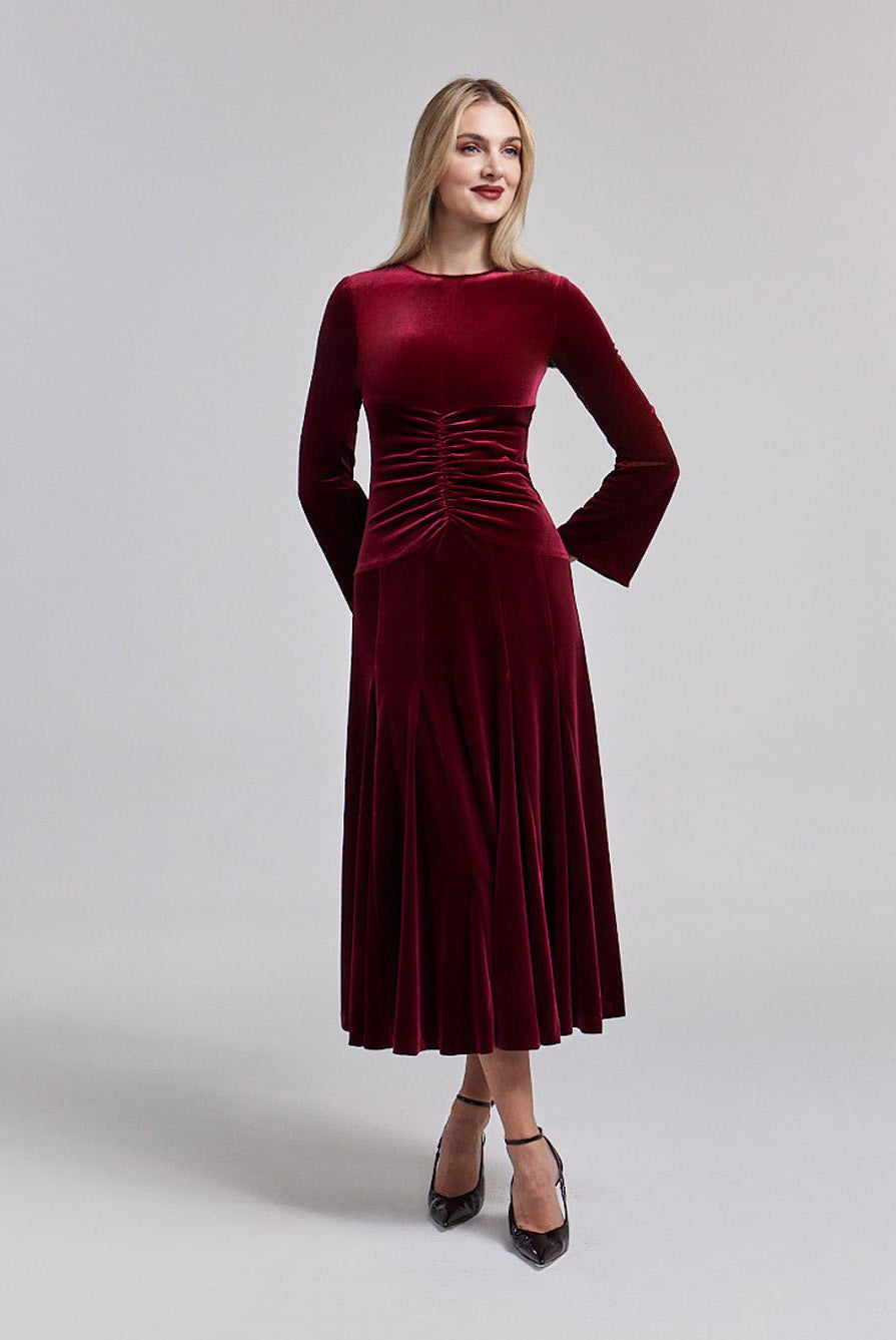 Red Velvet Gathered Waist Maxi Dress - shopaleena
