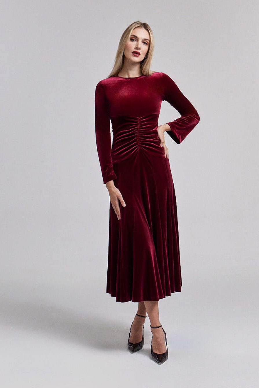 Red Velvet Gathered Waist Maxi Dress - shopaleena