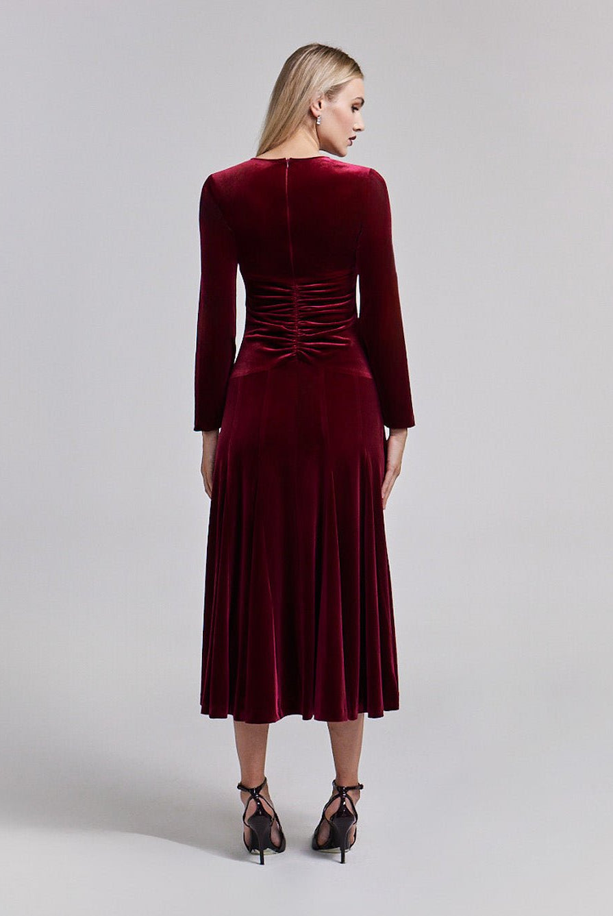 Red Velvet Gathered Waist Maxi Dress - shopaleena