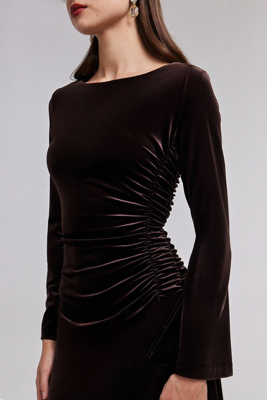 Ruched Velvet Long Sleeve Midi Dress - shopaleena