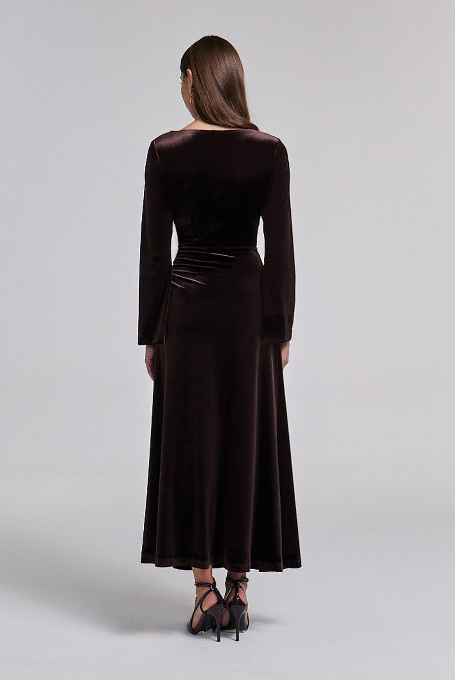 Ruched Velvet Long Sleeve Midi Dress - shopaleena