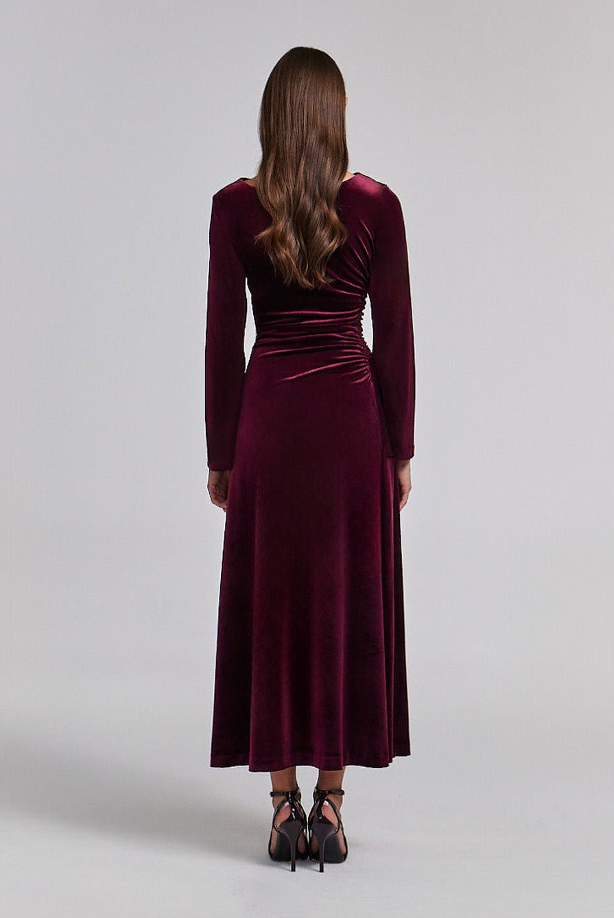 Ruched Velvet Long Sleeve Midi Dress - shopaleena