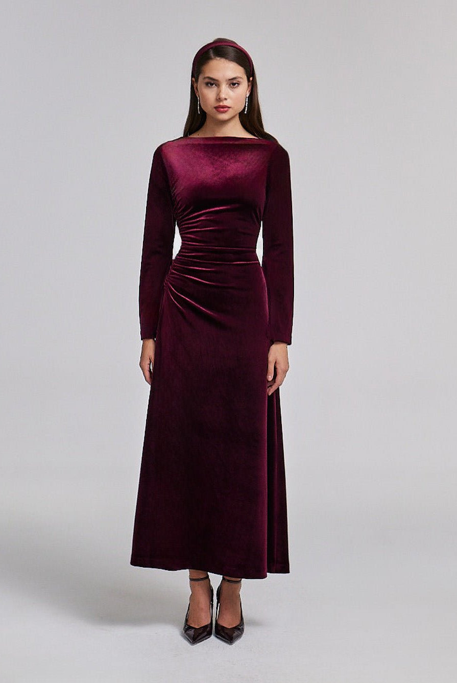 Ruched Velvet Long Sleeve Midi Dress - shopaleena