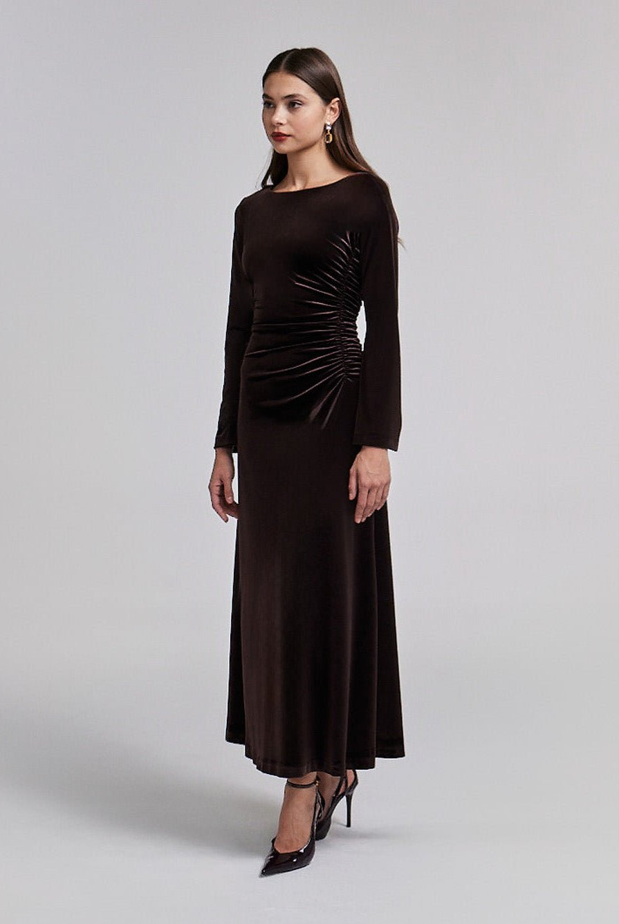 Ruched Velvet Long Sleeve Midi Dress - shopaleena