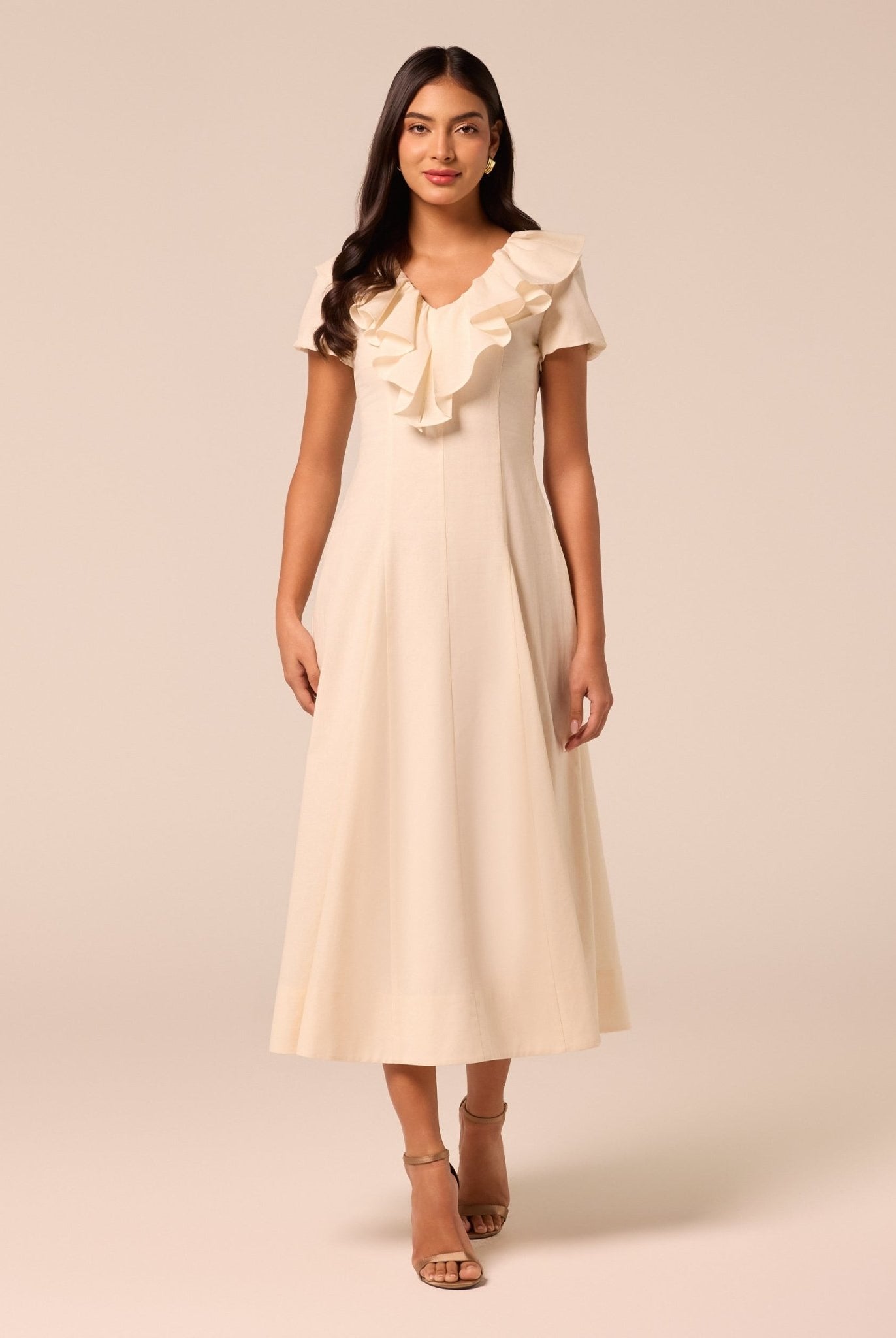 Ruffle Collar Short Sleeve Linen Dress - shopaleena