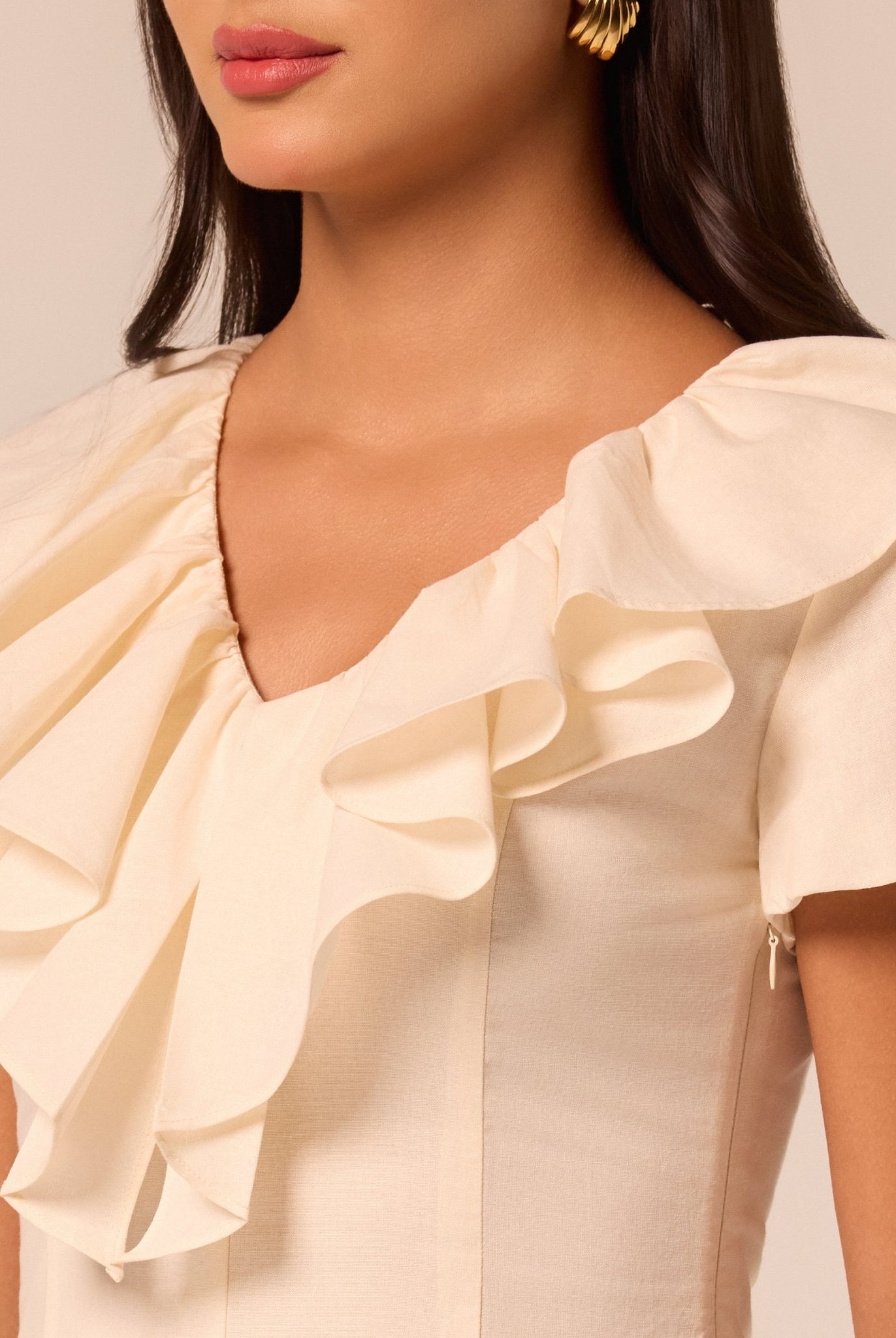Ruffle Collar Short Sleeve Linen Dress - shopaleena