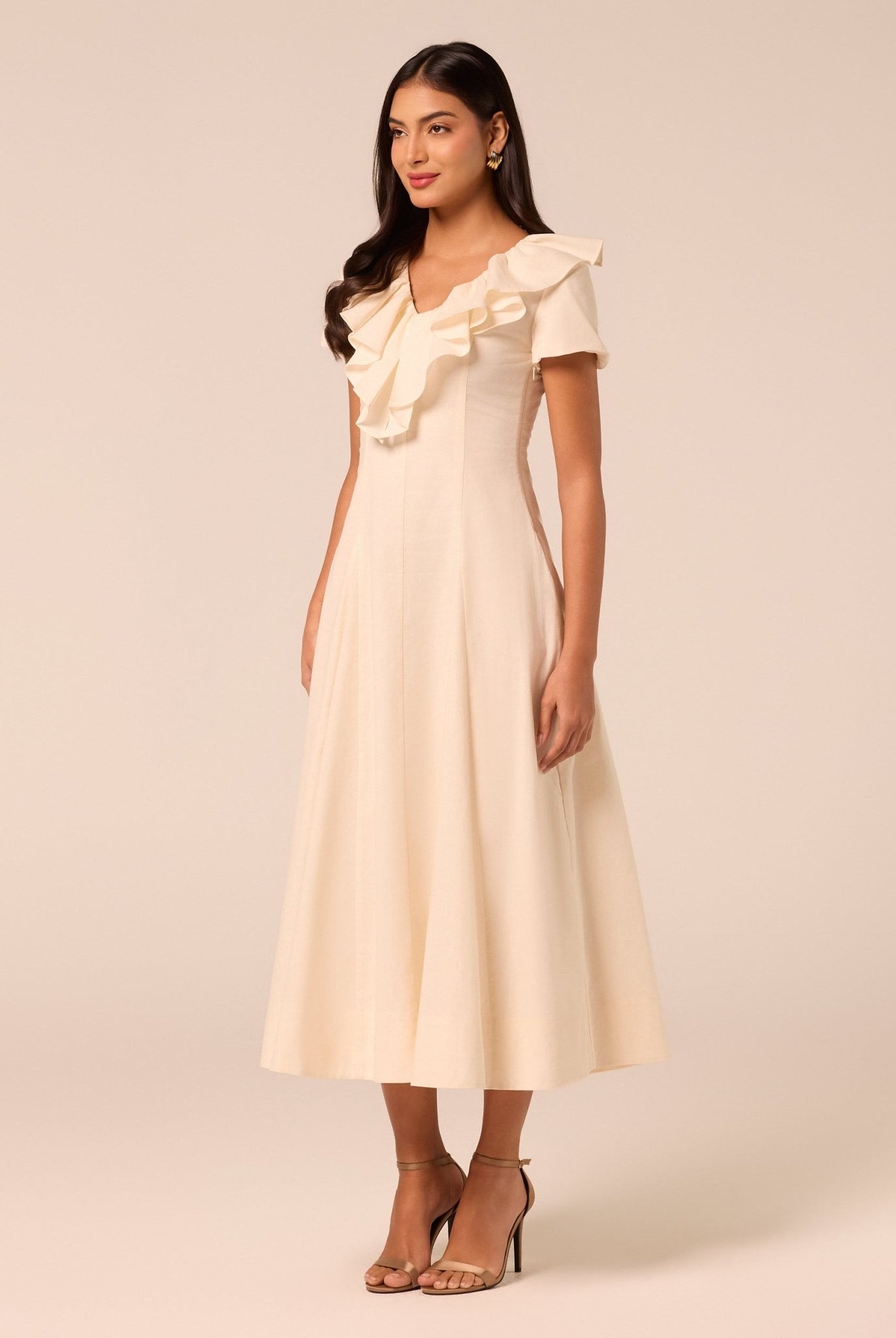 Ruffle Collar Short Sleeve Linen Dress - shopaleena