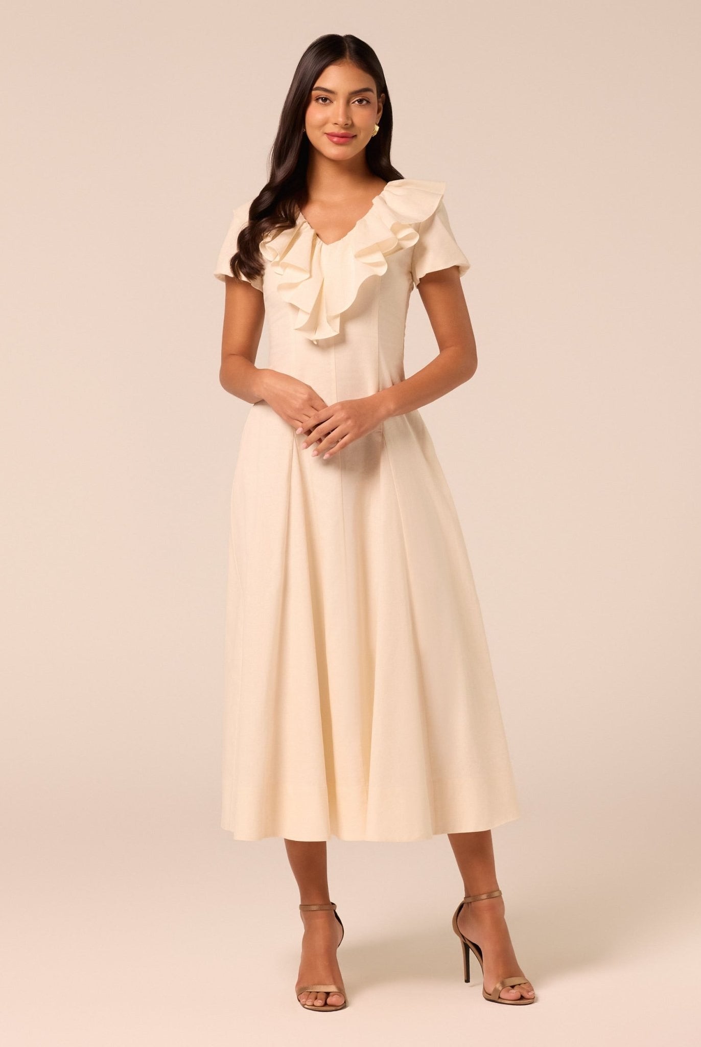 Ruffle Collar Short Sleeve Linen Dress - shopaleena