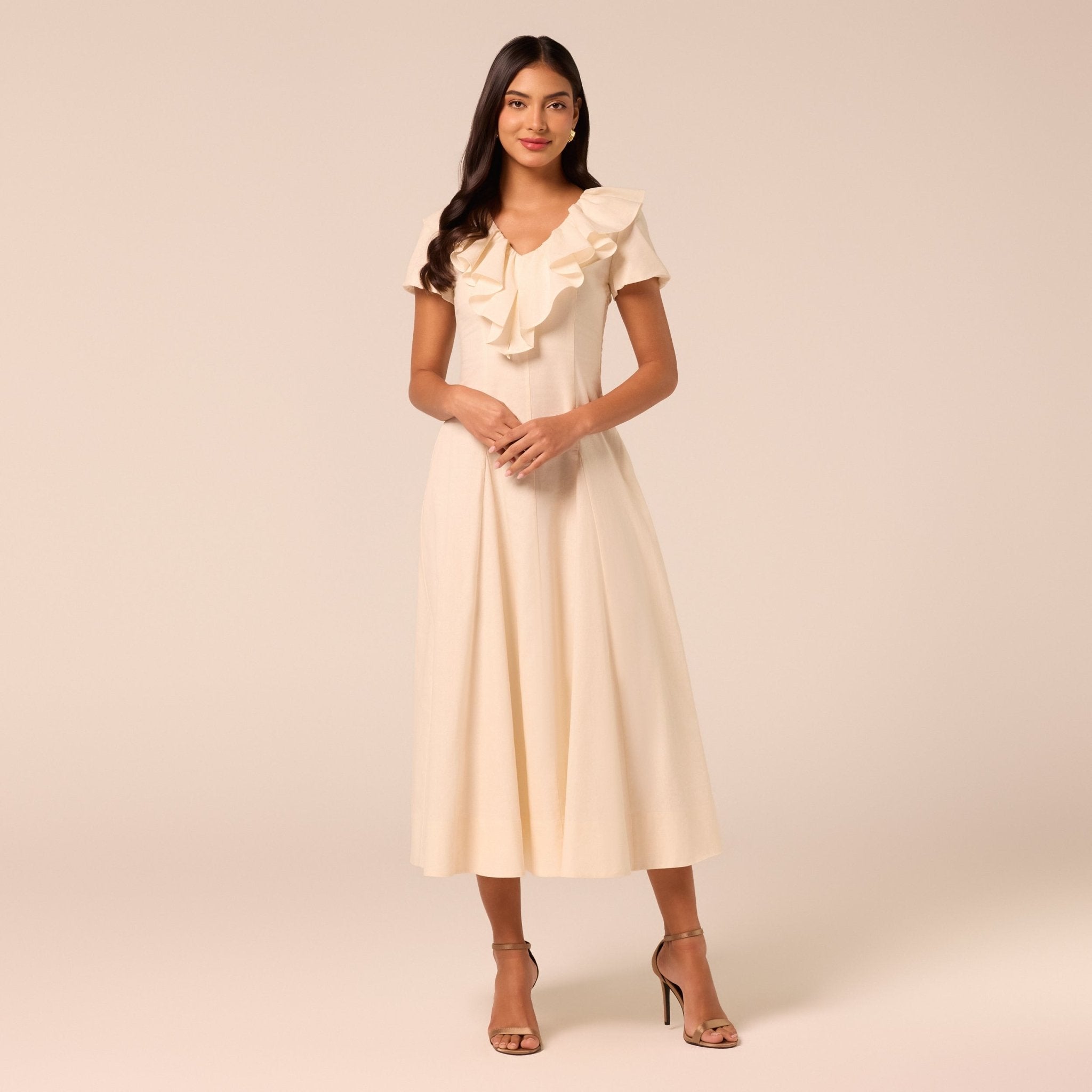 Ruffle Collar Short Sleeve Linen Dress - shopaleena