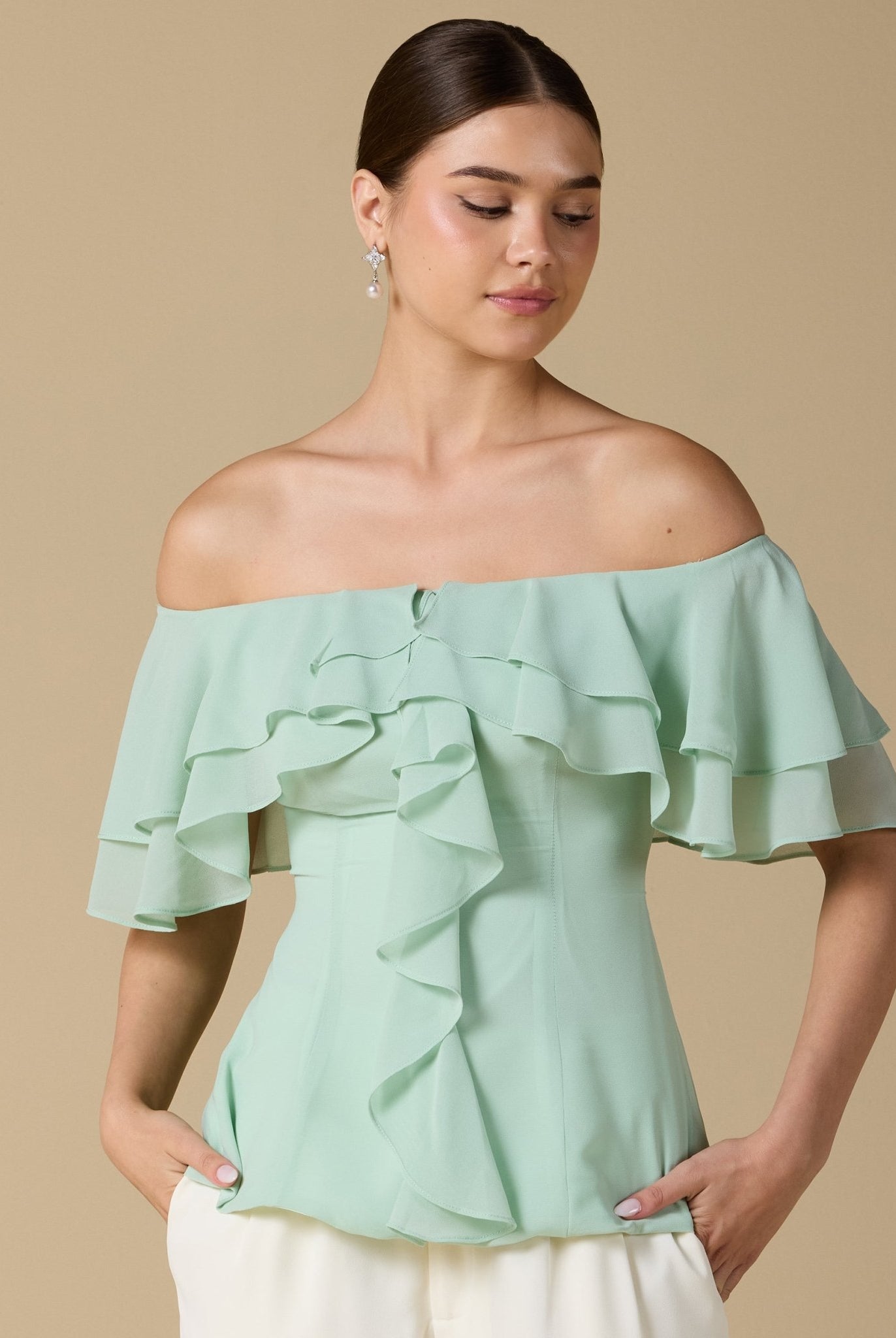 Ruffled Off - shoulder Chiffon Top - shopaleena