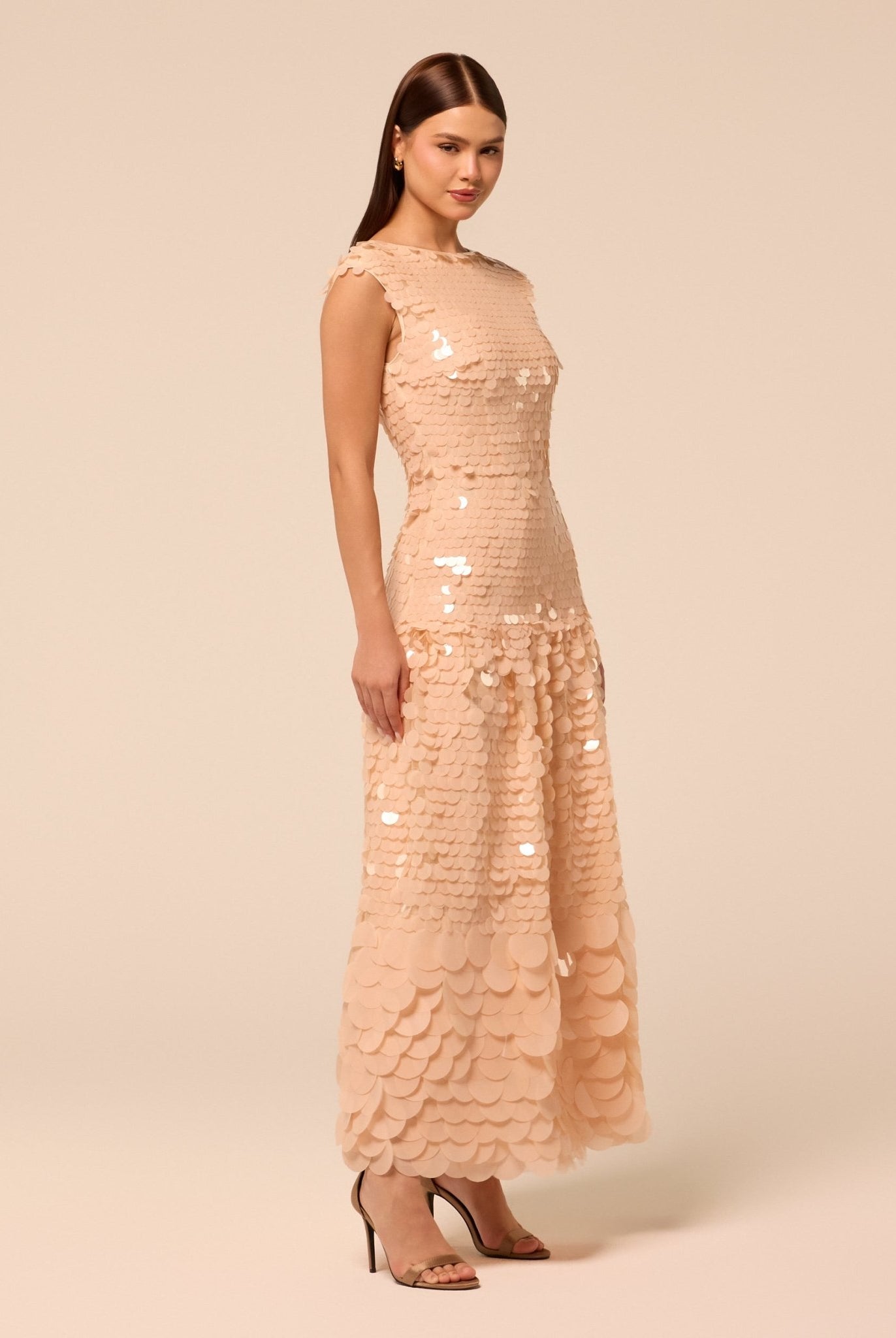Salmon Pink Embellished Boat Neck Sequin Maxi Dress - shopaleena