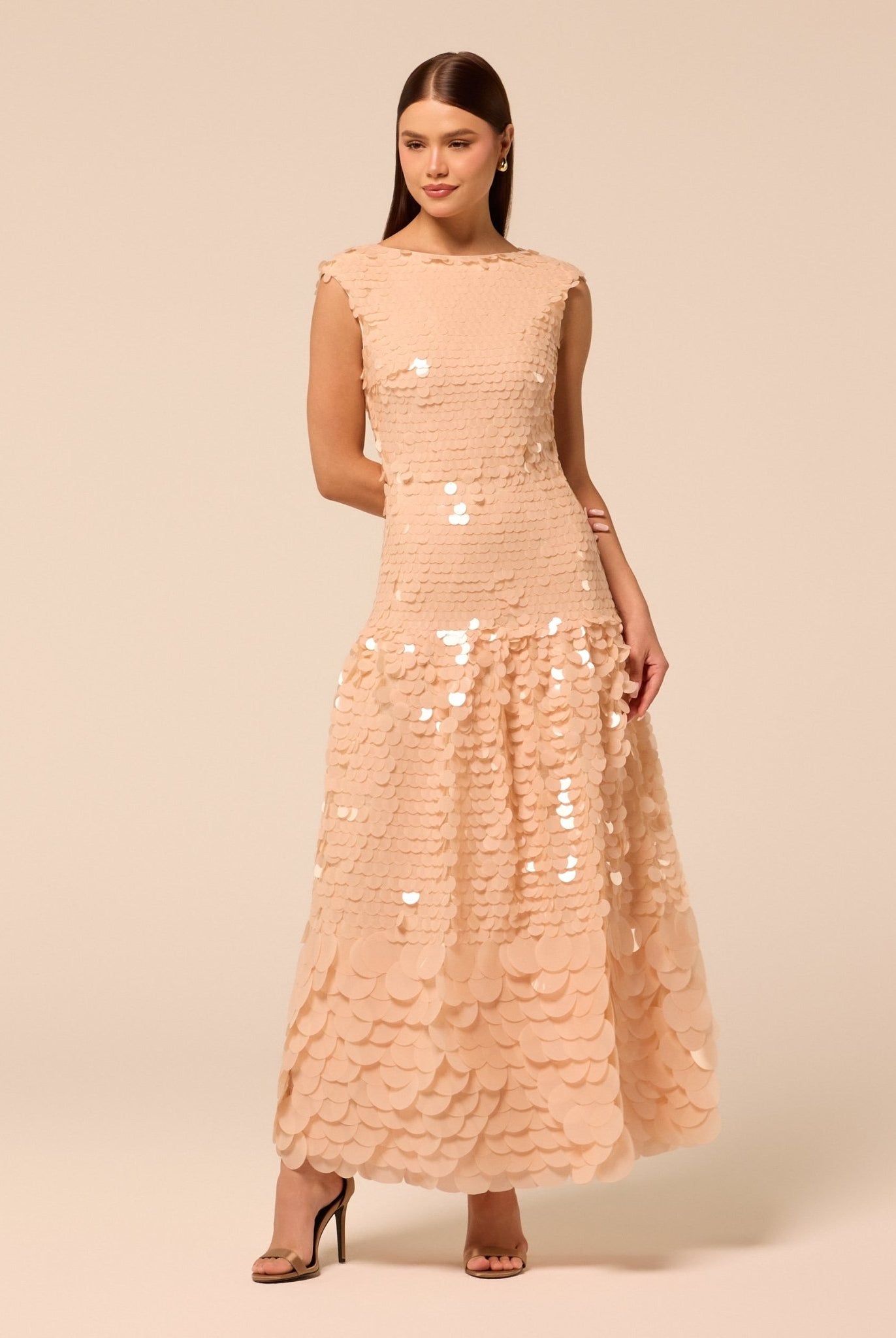 Salmon Pink Embellished Boat Neck Sequin Maxi Dress - shopaleena