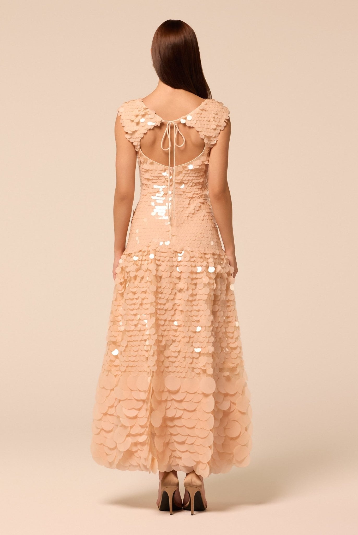 Salmon Pink Embellished Boat Neck Sequin Maxi Dress - shopaleena