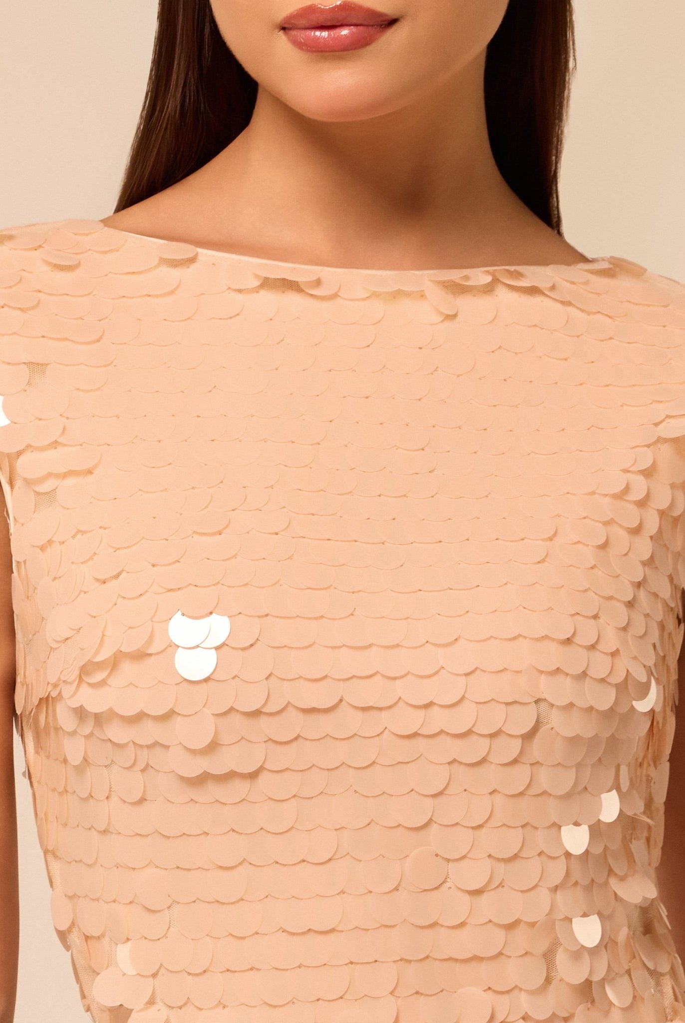 Salmon Pink Embellished Boat Neck Sequin Maxi Dress - shopaleena