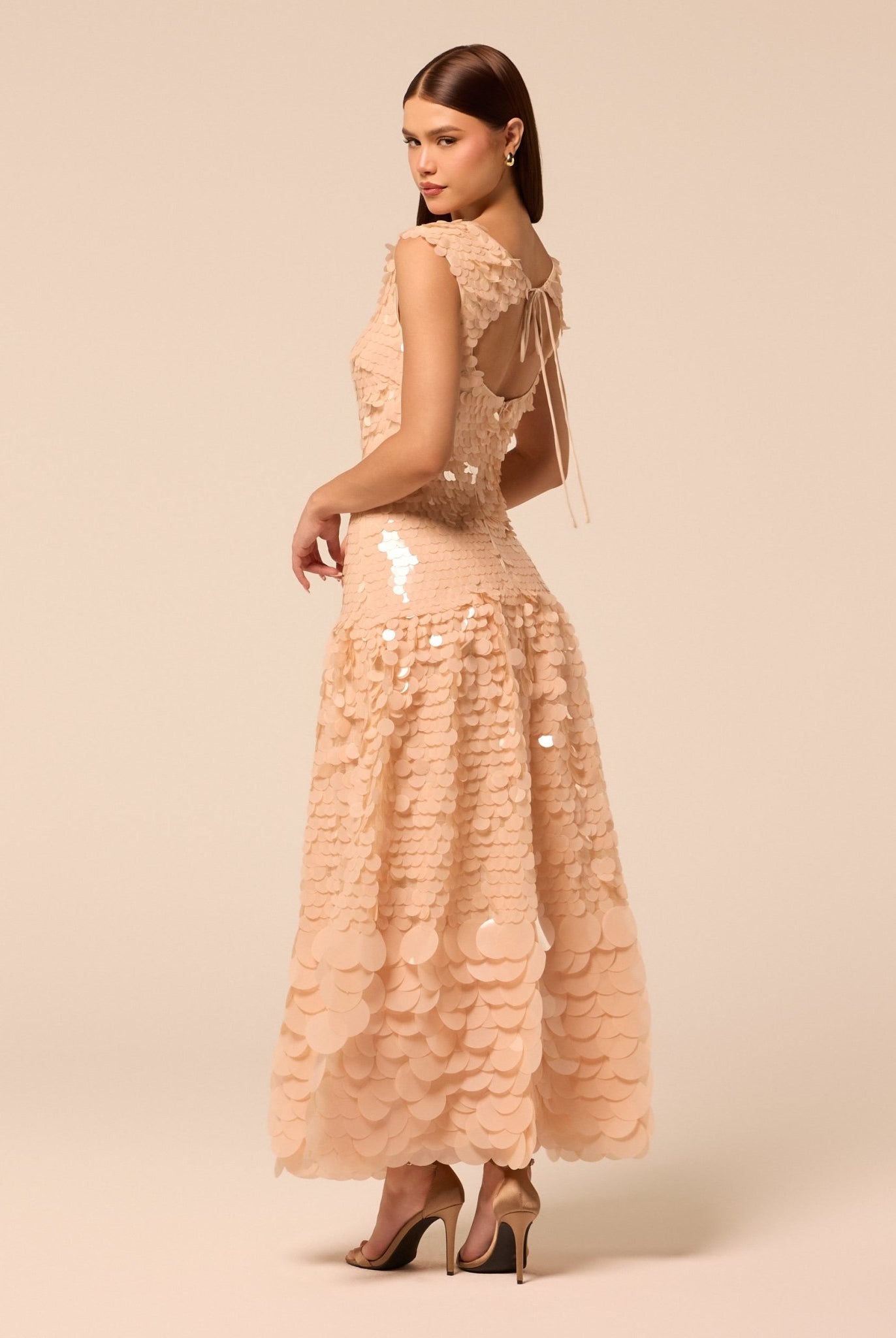 Salmon Pink Embellished Boat Neck Sequin Maxi Dress - shopaleena
