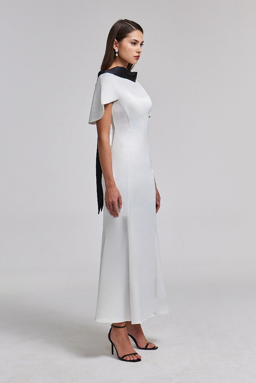 Satin Contrast Cape - Sleeve Dress with Back Tie Detail - shopaleena