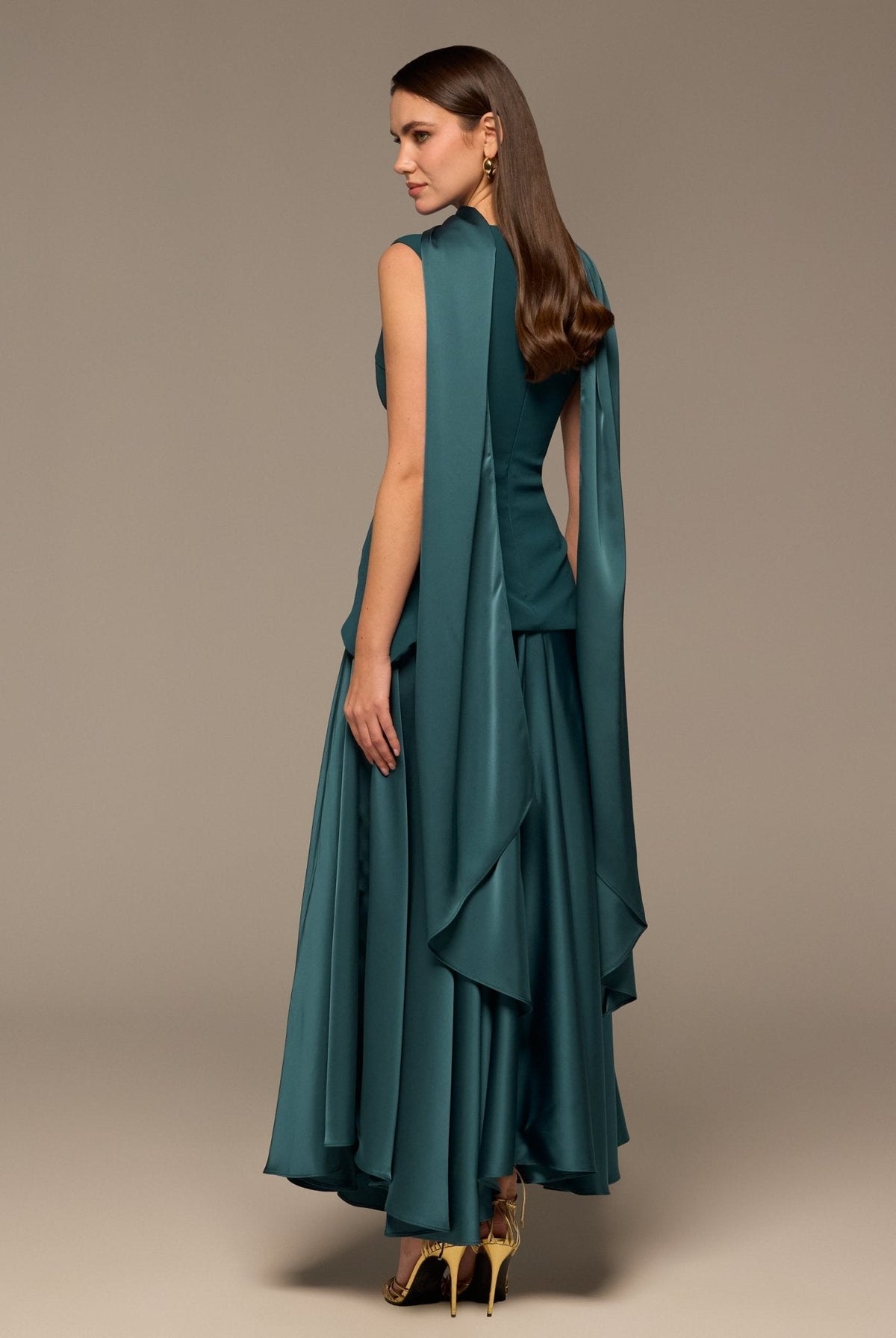 Satin & Crepe Maxi Dress with Back Scarf - shopaleena