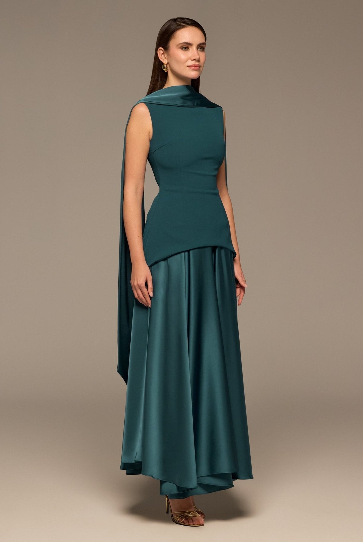 Satin & Crepe Maxi Dress with Back Scarf - shopaleena