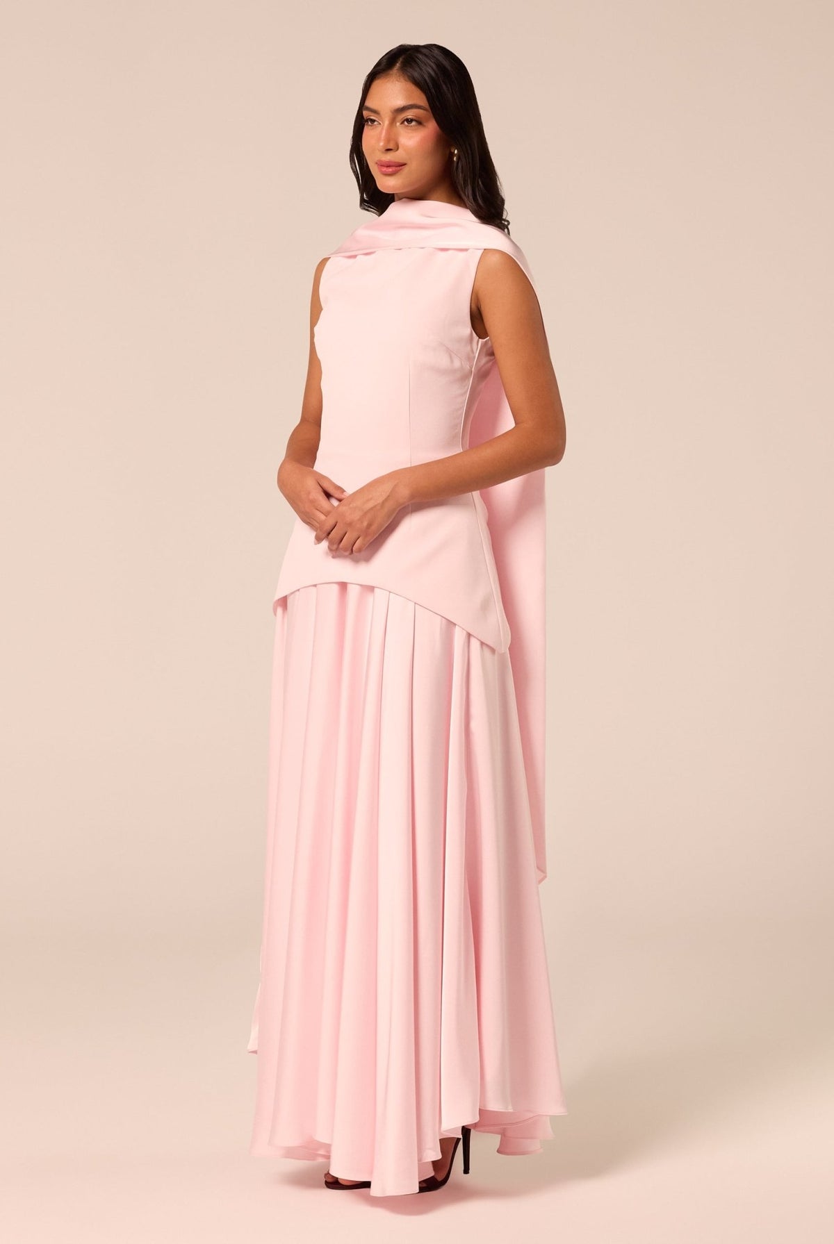 Satin & Crepe Maxi Dress with Back Scarf - shopaleena