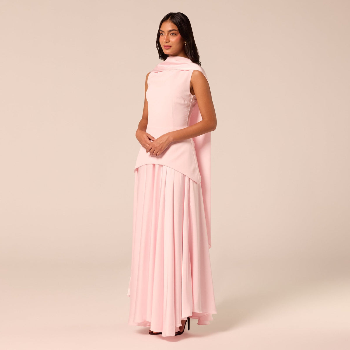 Satin & Crepe Maxi Dress with Back Scarf - shopaleena