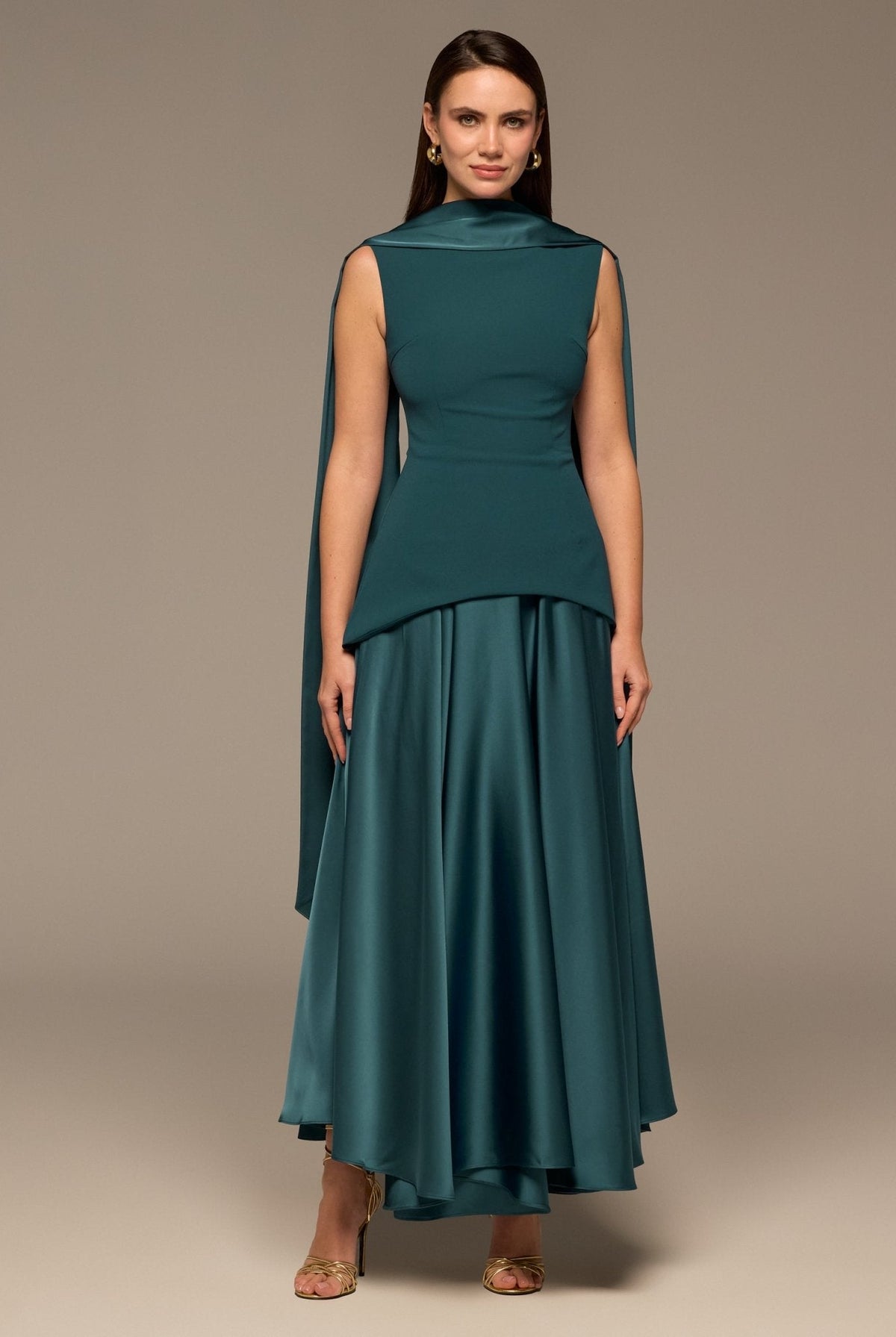 Satin & Crepe Maxi Dress with Back Scarf - shopaleena