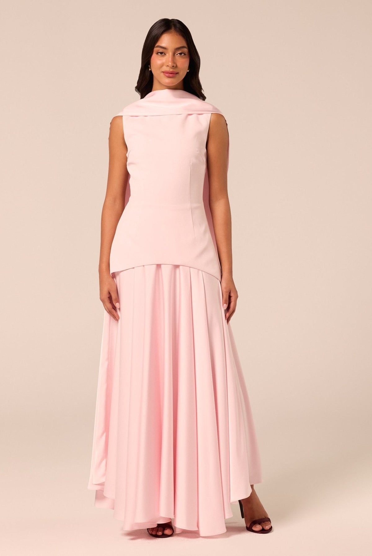 Satin & Crepe Maxi Dress with Back Scarf - shopaleena