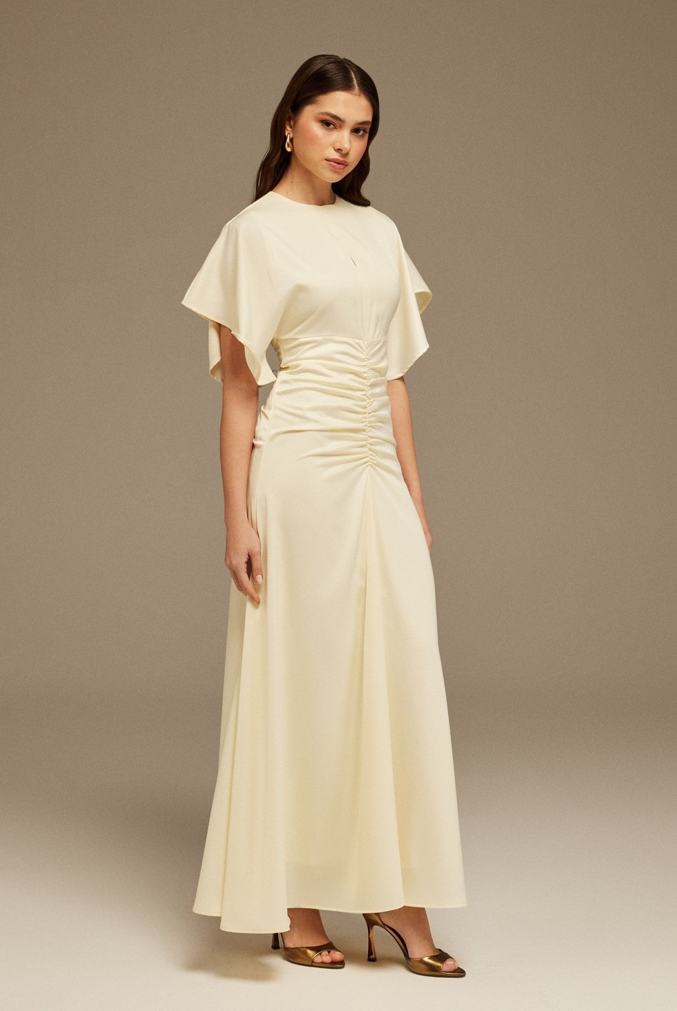 Satin Maxi Dress with Ruched Details - shopaleena
